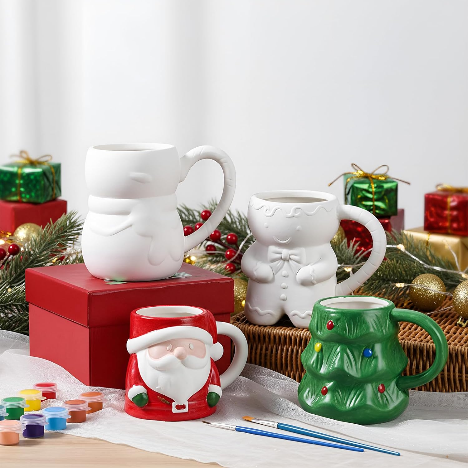 Jingmore 4 Sets Christmas Coffee Mug Paint Craft Kit Paint Your Own Snowman Santa Gingerbread Man Christmas Tree Mug Ceramic DIY for Adults Includes Ceramic White Cup and Painting Supplies for Xmas - Image 2