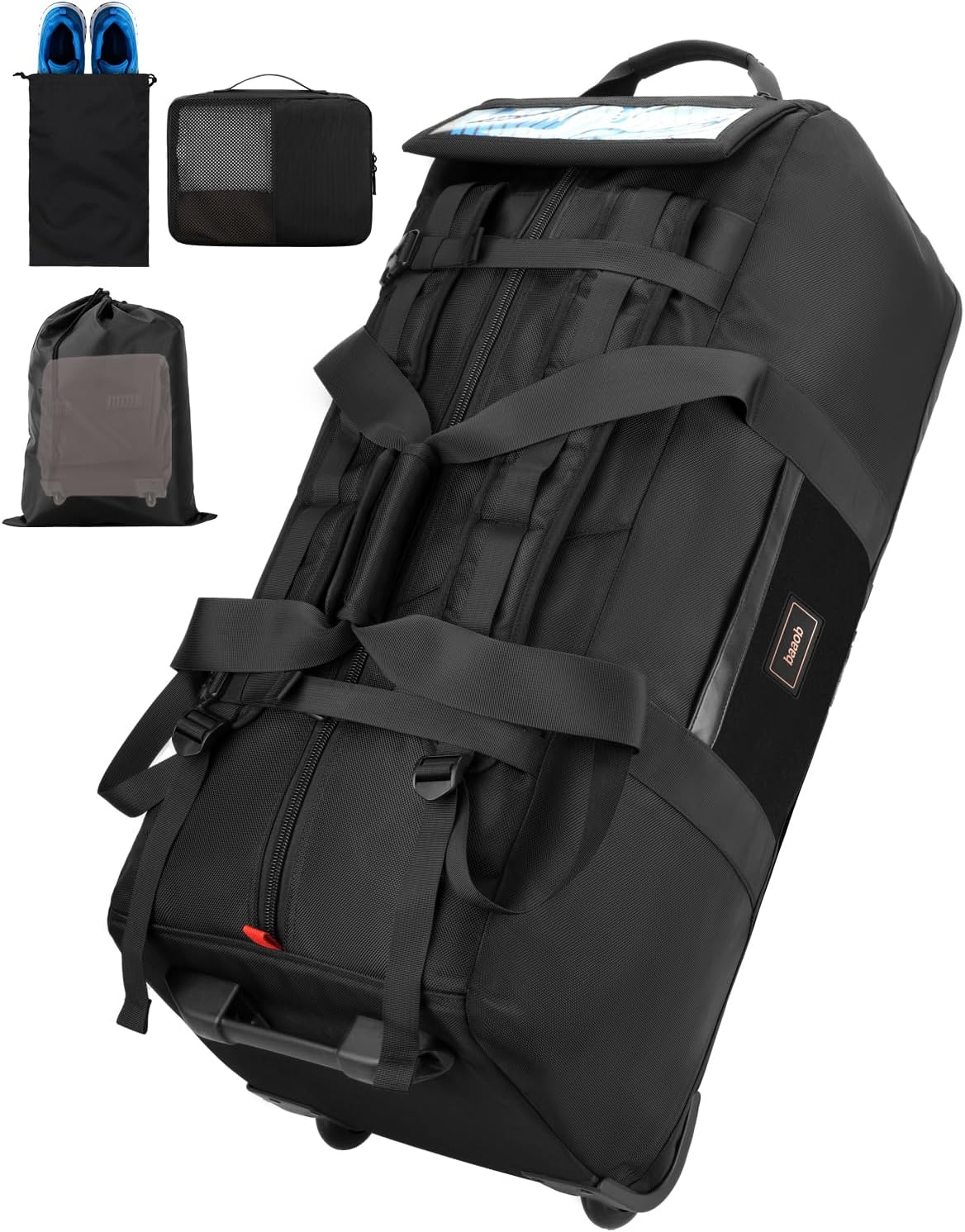 90L Rolling Duffel Bag with Wheels, 4-way Carry Foldable Large Travel Duffle with Backpack Straps & Shoe Compartment, Heavy Duty Luggage for Weekend, Camping, Moving, Includes 3 Organizers