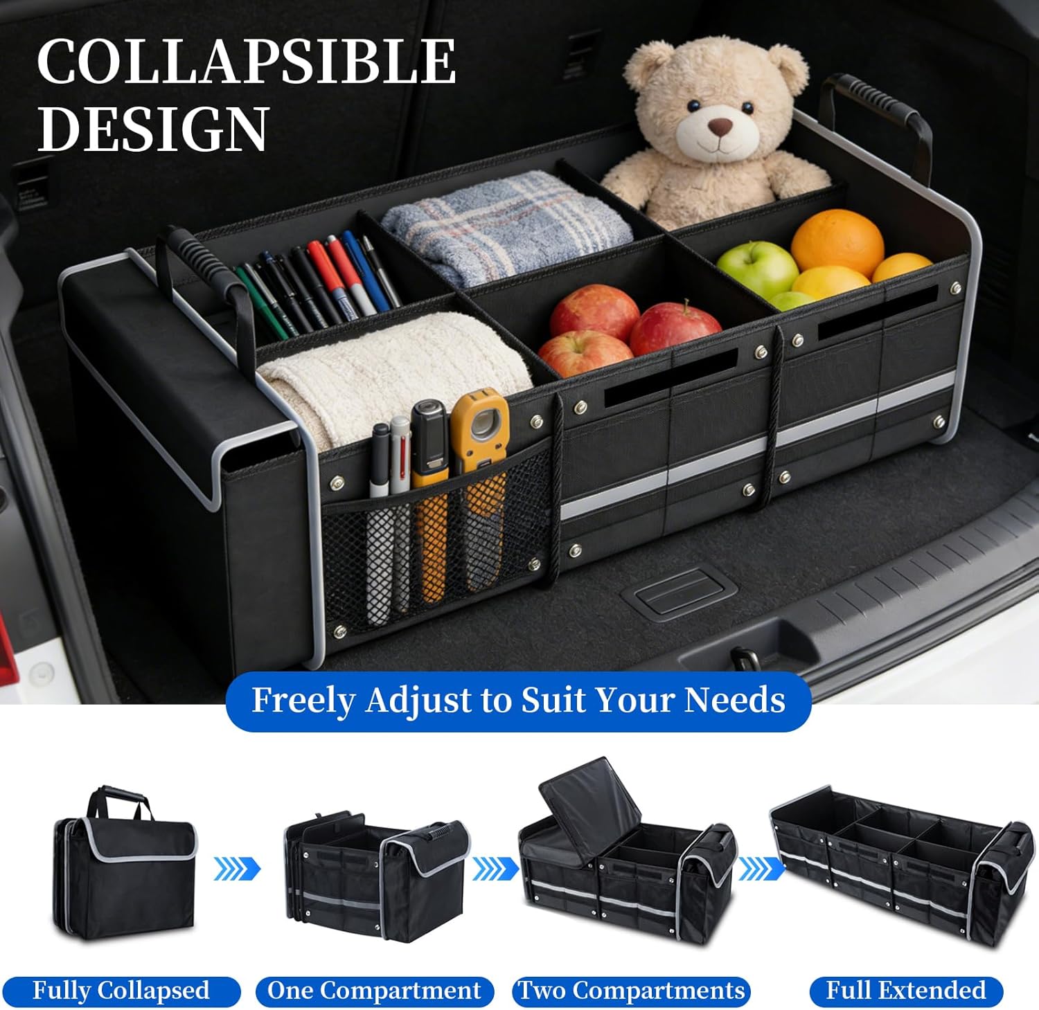 Collapsible Trunk Organizer for Car with Insulated Leakproof Cooler Bag, 3 Compartments SUV Cargo Organizer w/Removable Dividers, 5-in-1 Storage w/Foldable Lid & 2 Tie-Down Straps (Black)