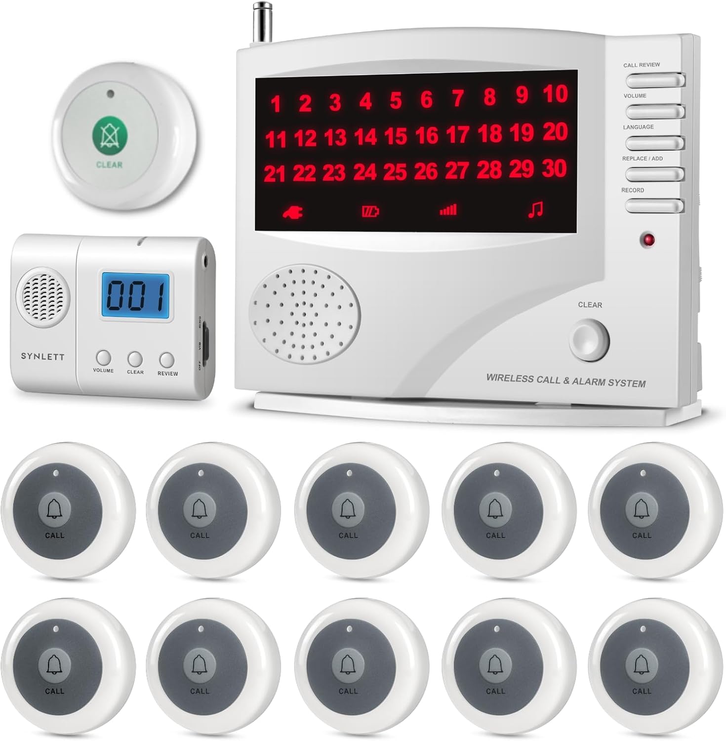 Wireless Calling System with 1 LCD Pager, 10 Call Buttons, 1 Clear Call Button & 1 Monitoring Unit White