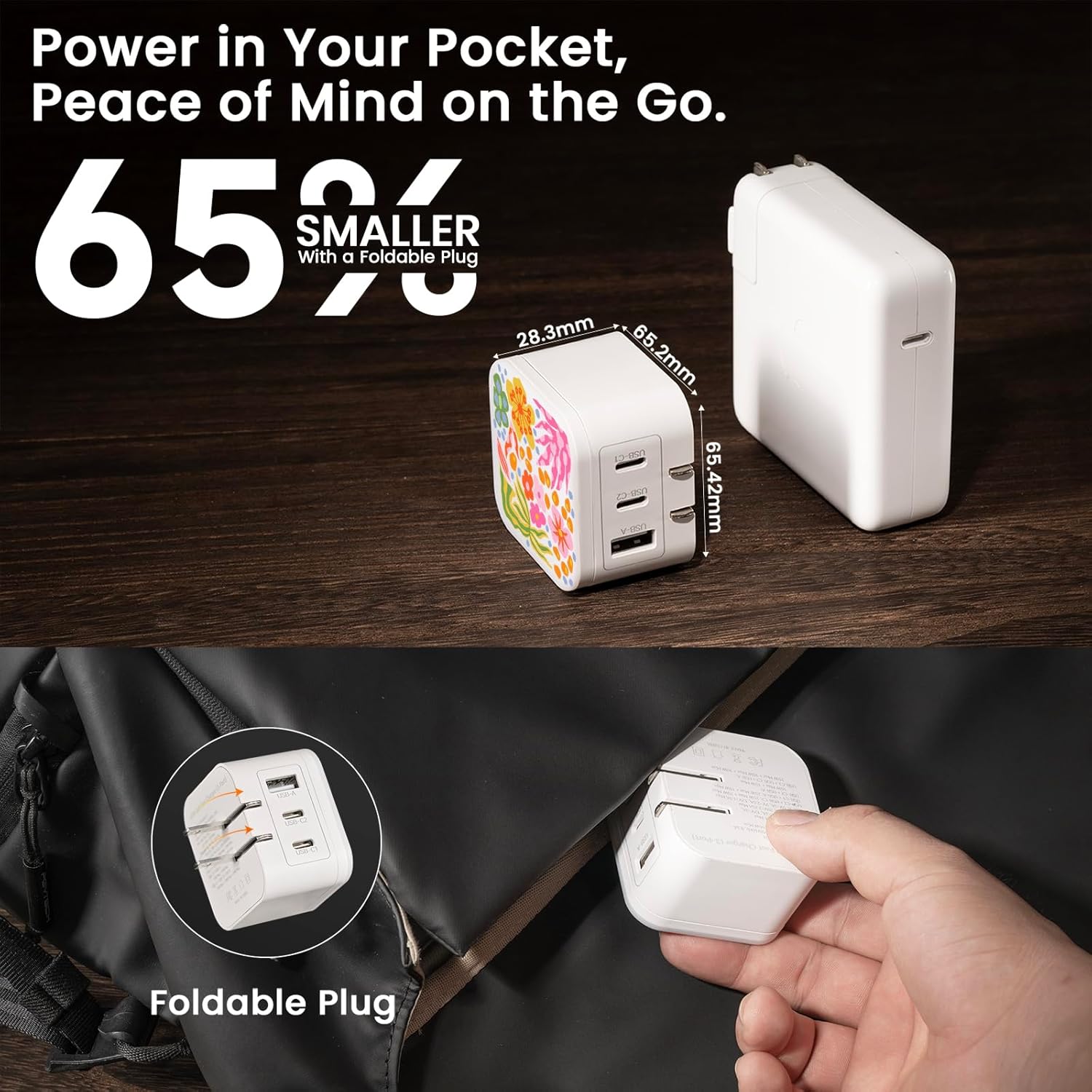 Rosarnnah 45W 3-Port USB Wall Charger with Night Light - Portable Phone Charger with Wall Plug - Type C Charger Fast Charging for iPhone Samsung Android - Funny Passion Flower Design for Bedroom