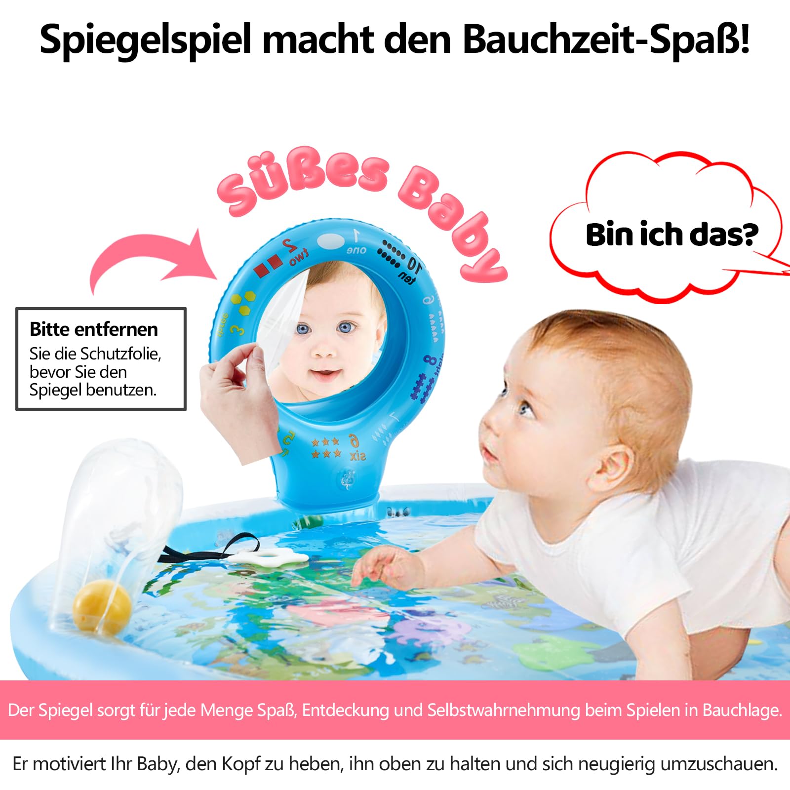 Wassermatte Baby Spielzeug 80×80 cm – Extra Große Montessori Bauchzeit Sensorik Wasserspielmatte mit Spiegel, Rassel & Beißring ab 3–12 Monate, Weltkarten Aquamatte, BPA-Frei & kein Auslaufen