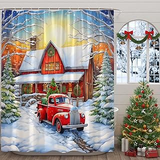 Christmas Truck Shower Curtain Retro Xmas Car Tree Snowy Scence Farmhouse Winter Holiday New Year Rustic Vintage Fabric Bathroom Decor Curtains with Hooks,Red Orange White