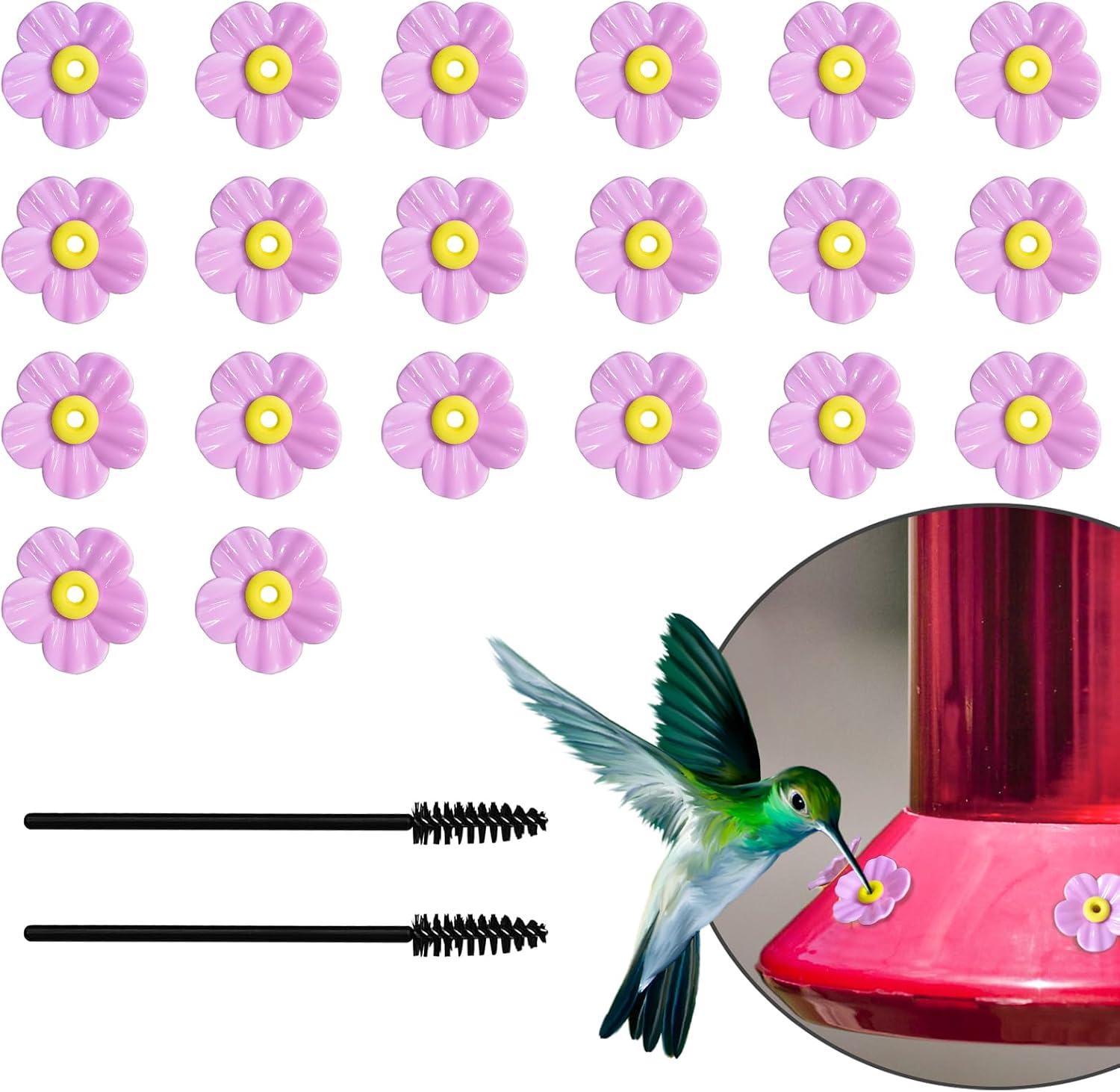 20Pcs Hummingbird Feeder Replacement Flowers with Cleaning Brush Flowers Feeder Parts Replacement (Purple)