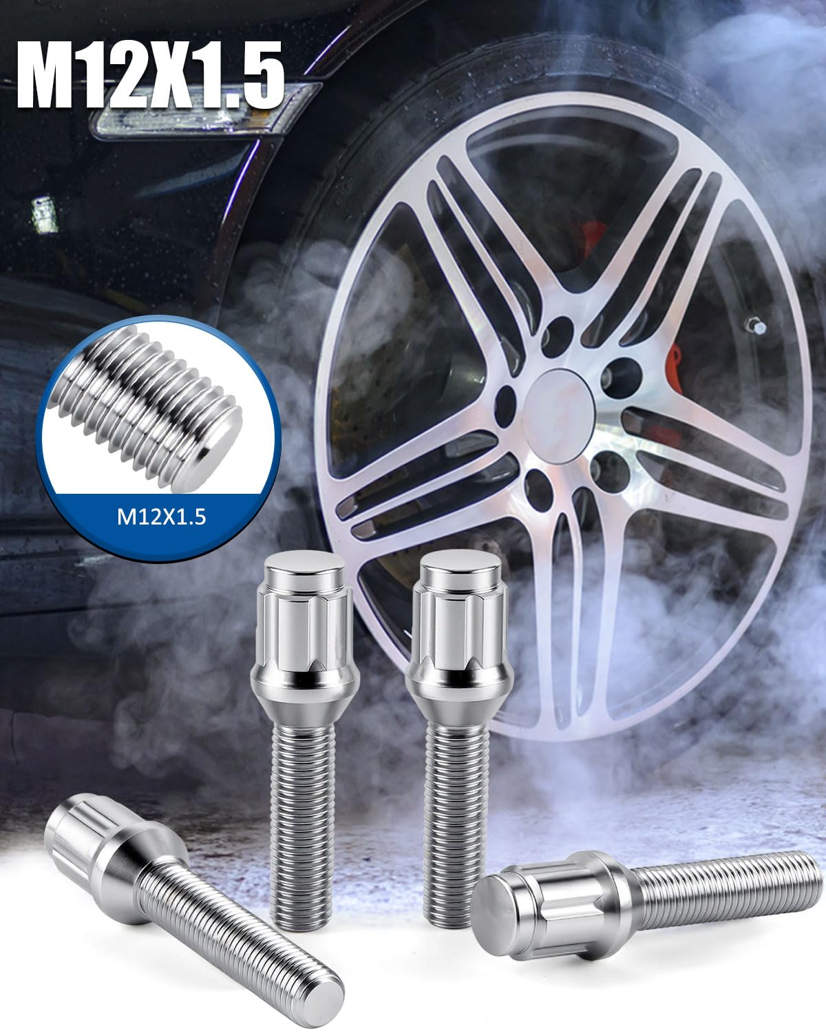 GAsupply M12x1.5 Lug Bolts 40mm Shank, 20pcs Chrome 12x1.5 Spline Lug Bolt Conical/Cone Seat with 1 Pcs 3/4" 19mm & 13/16" 21mm Stock Stud Key