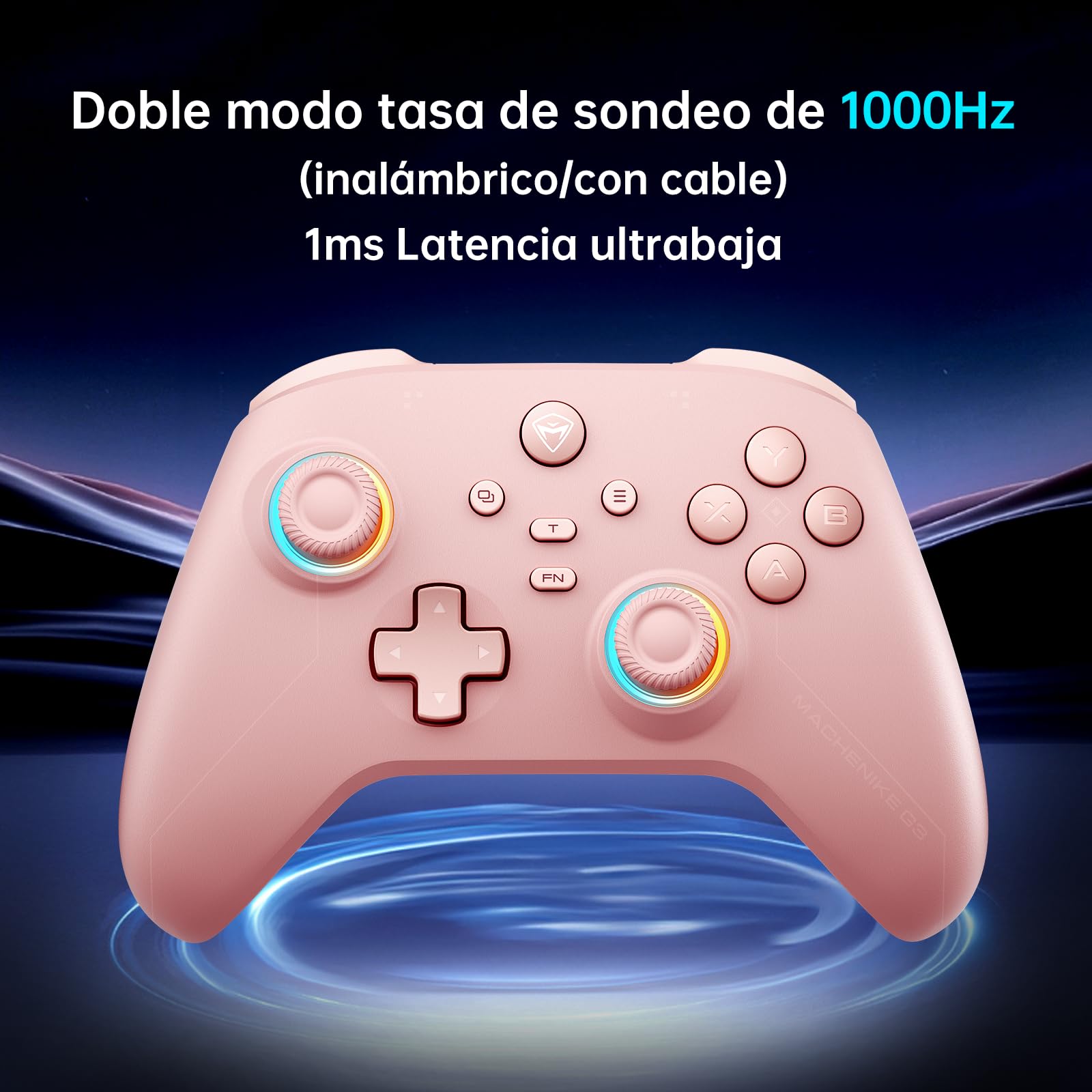Machenike G3V2 Mando, 2 Joysticks Hall Ajustables, 2 Botones Programables, Luces RGB de Colores, Conectividad Bluetooth, para PC/Switch/IOS/Android, Batería de 1000 mAh (Rosa, PE-Upgrade)
