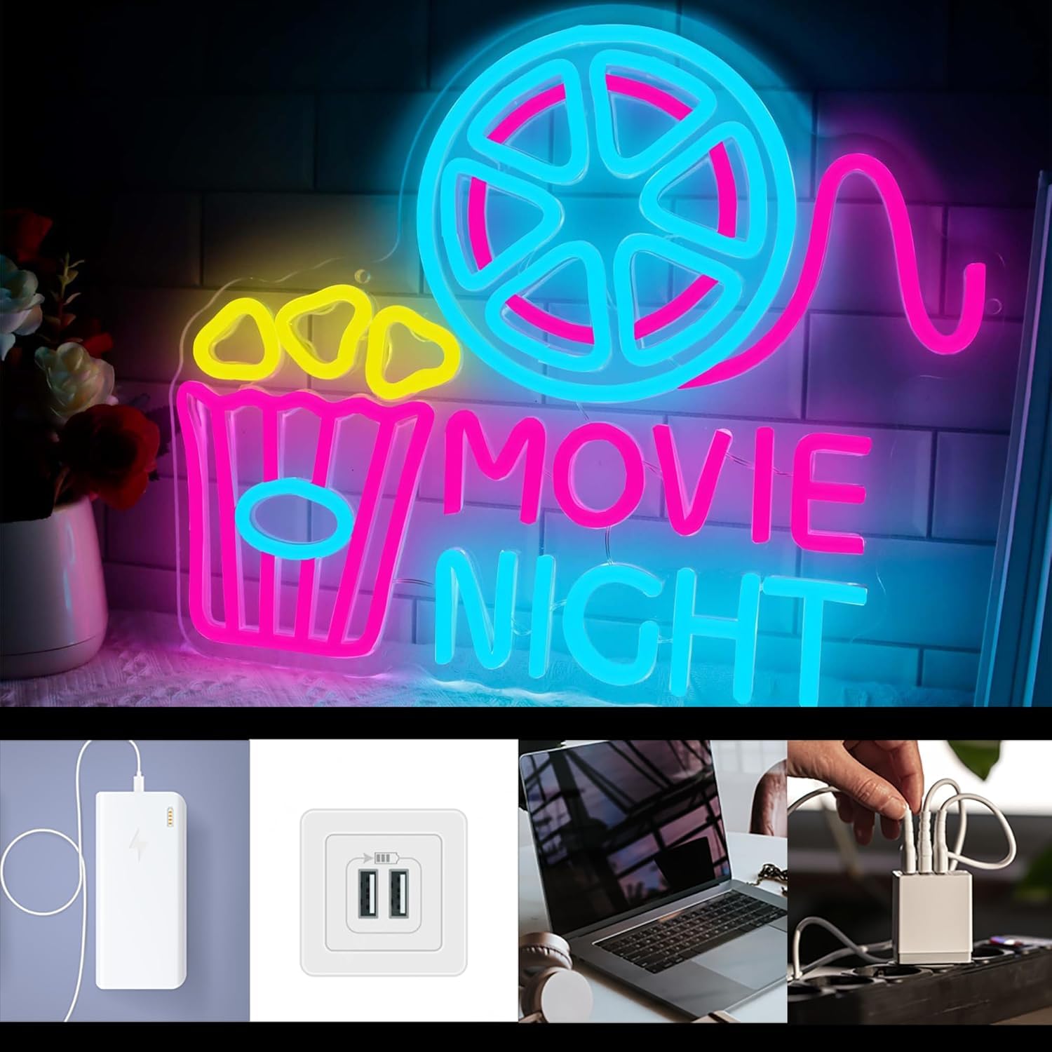 Insegna al neon con scatola di carta con popcorn, luce al neon a LED per decorazione da parete, decorazione per il cinema, luci USB dimmerabili per sala cinema, feste di compleanno