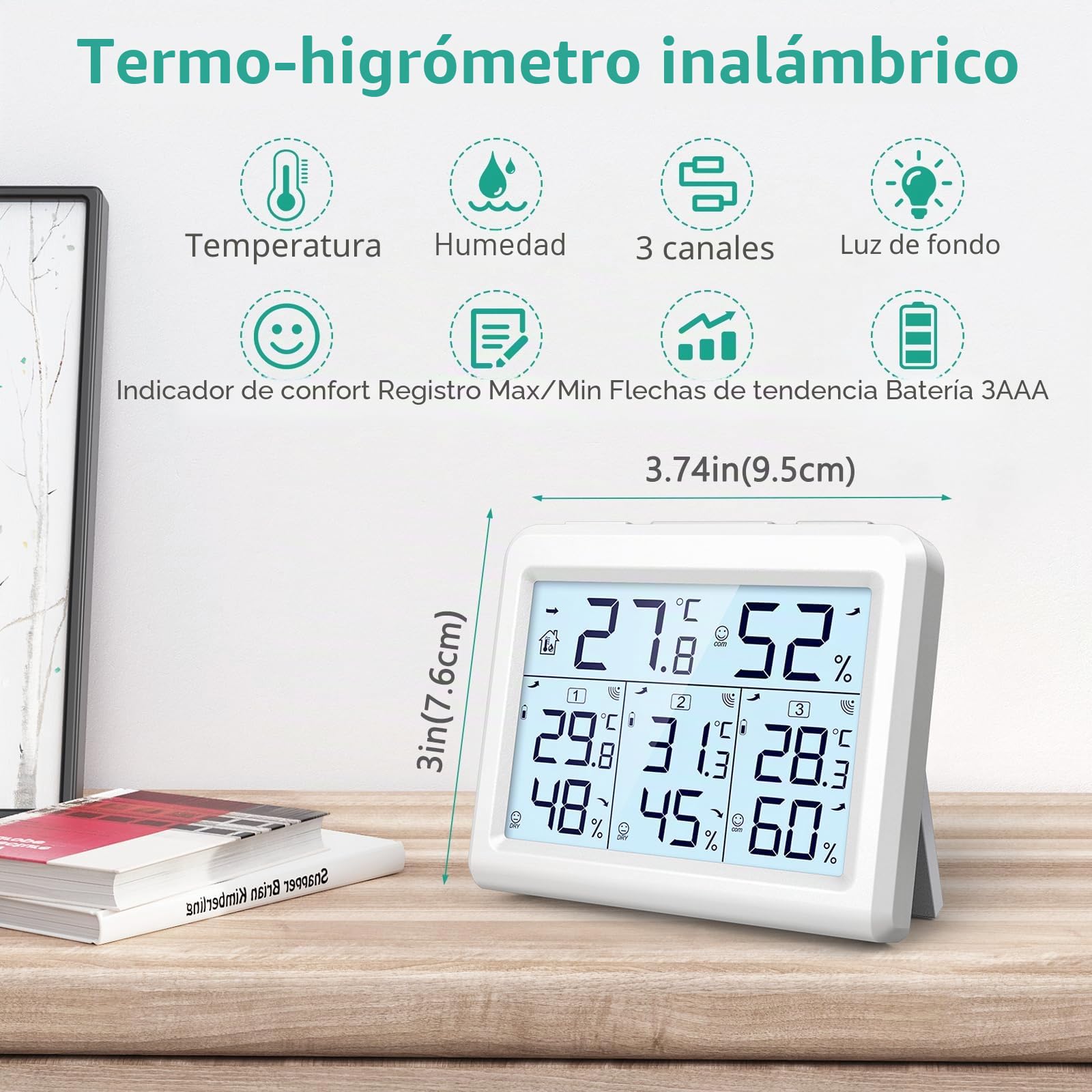 ORIA Termómetro Higrómetro Interior Exterior, Medidor Temperatura y Humedad con 3 Sensor Remotos, Digital Termohigrómetro Inalámbrica con Retroiluminación & Nivel de Comodidad, Min/Max Registro