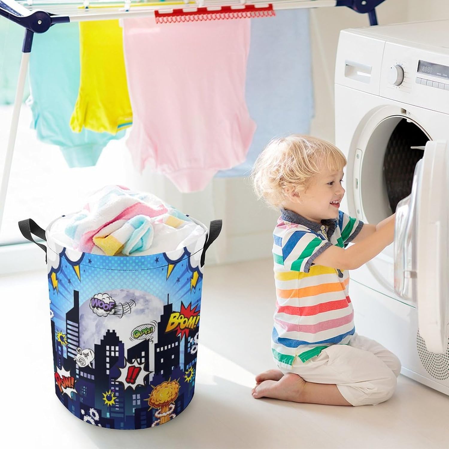 Brebasf Funny City Theme Freestanding Laundry Hamper,Cartoon Boys Room Decor City Nights Comic Style Drawstring Portable Large Volume Laundry Basket-13.8W X13.8L X17.3H IN