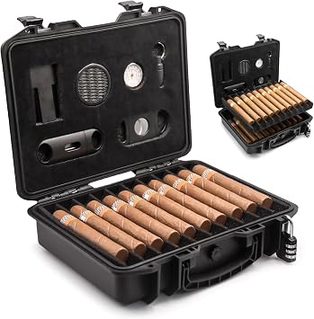 INFINITKIN Cigar Travel Humidor Case, Portable Cigar Box Kit | Includes combination lock, humidifier, hygrometer & cutters. Portable travel cigar kit holds 20 cigars with full protection.