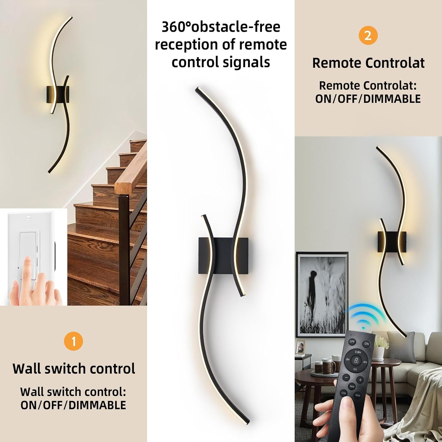 Hardwired Wall Sconces, Modern LED Wall Sconces with Remote Control, Bathroom Vanity Light Fixture, Dimmable Wall Lamps for Bedroom,Living Room (006:Black(1 Pack), 39.3-Inch)