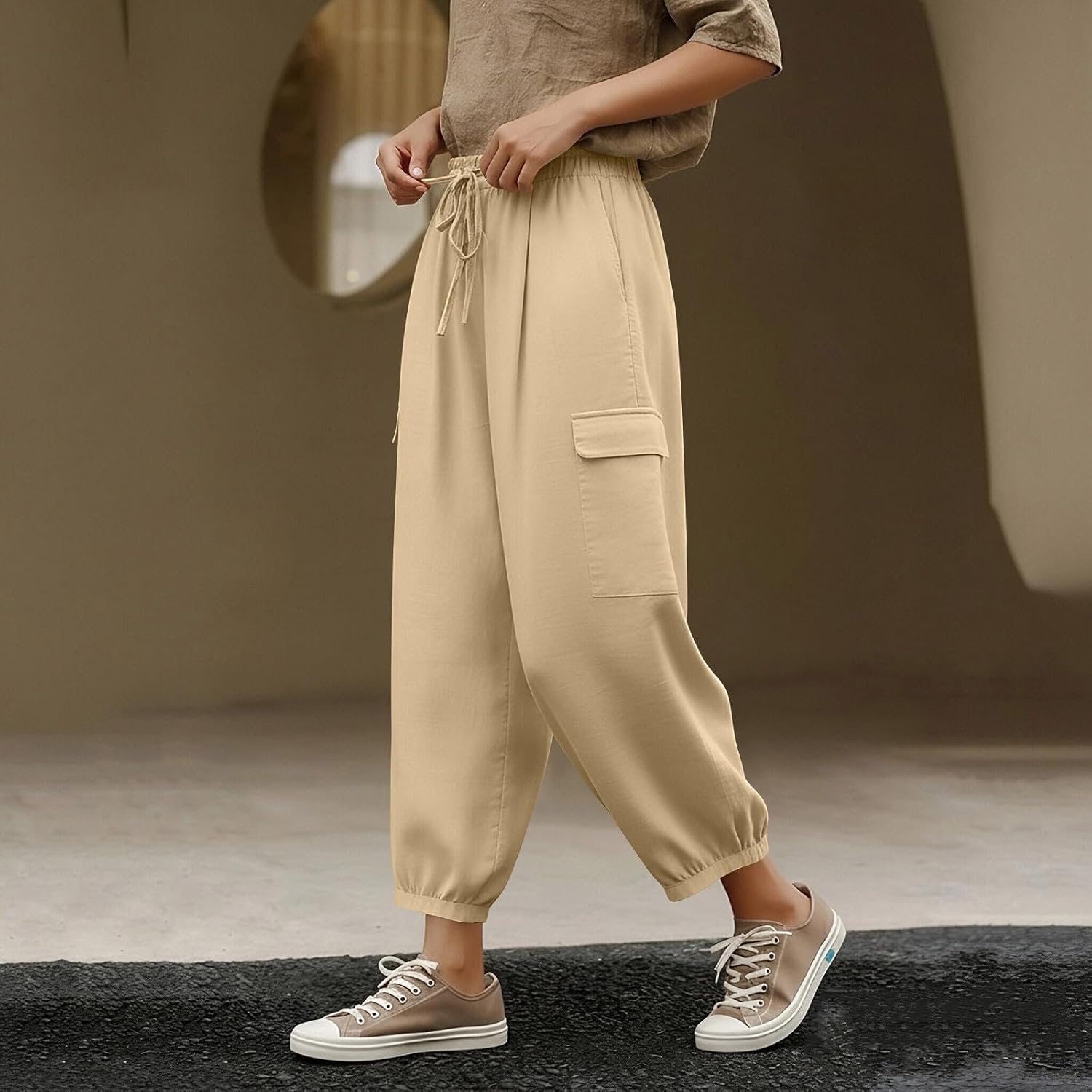 Women's Wide Leg Cargo Pants Boho Summer Capri Palazzo Harem Casual Barrel Sweatpants Baggy Slacks with Pockets