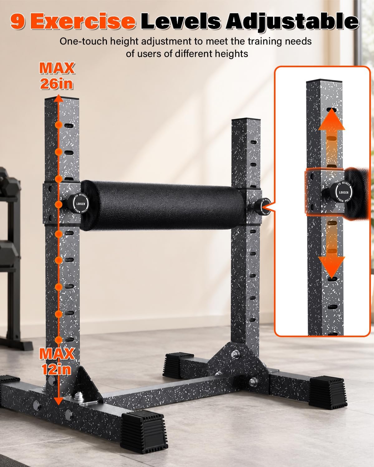 Bulgarian Split Squat Stand, 500LBS Capacity Adjustable Single Leg Squat Roller Stand with 9 Roller Heights for Squats, Leg Lunges, Lower Body Training for Home Gym