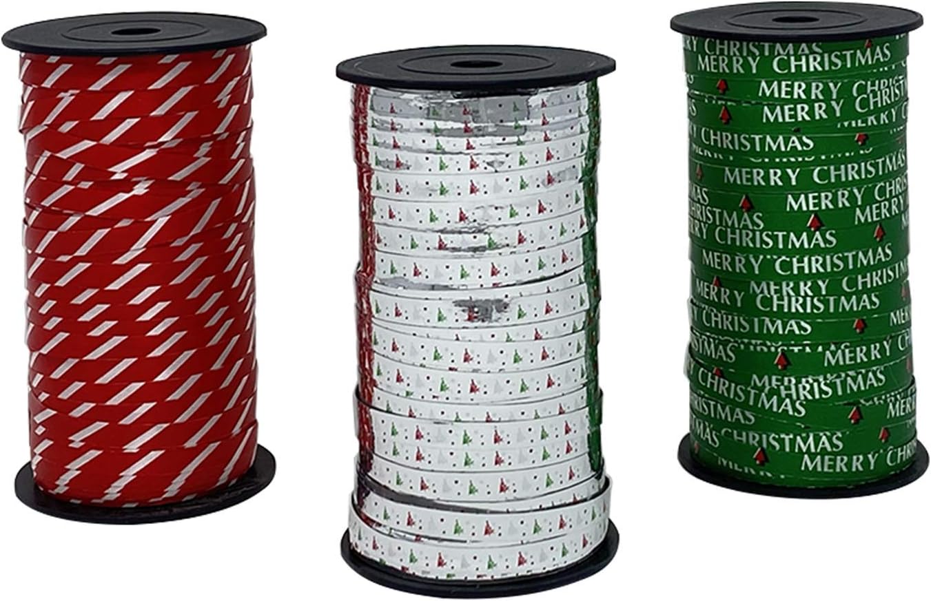 Celebrate A Holiday Christmas Curling Ribbon 3 Pack, Green, Metallic Silver, Red & White Stripes, Christmas Holiday Party Crafts Supplies Decorations - 100 Yards Per Roll - 900 Feet Total Curly Ribbon
