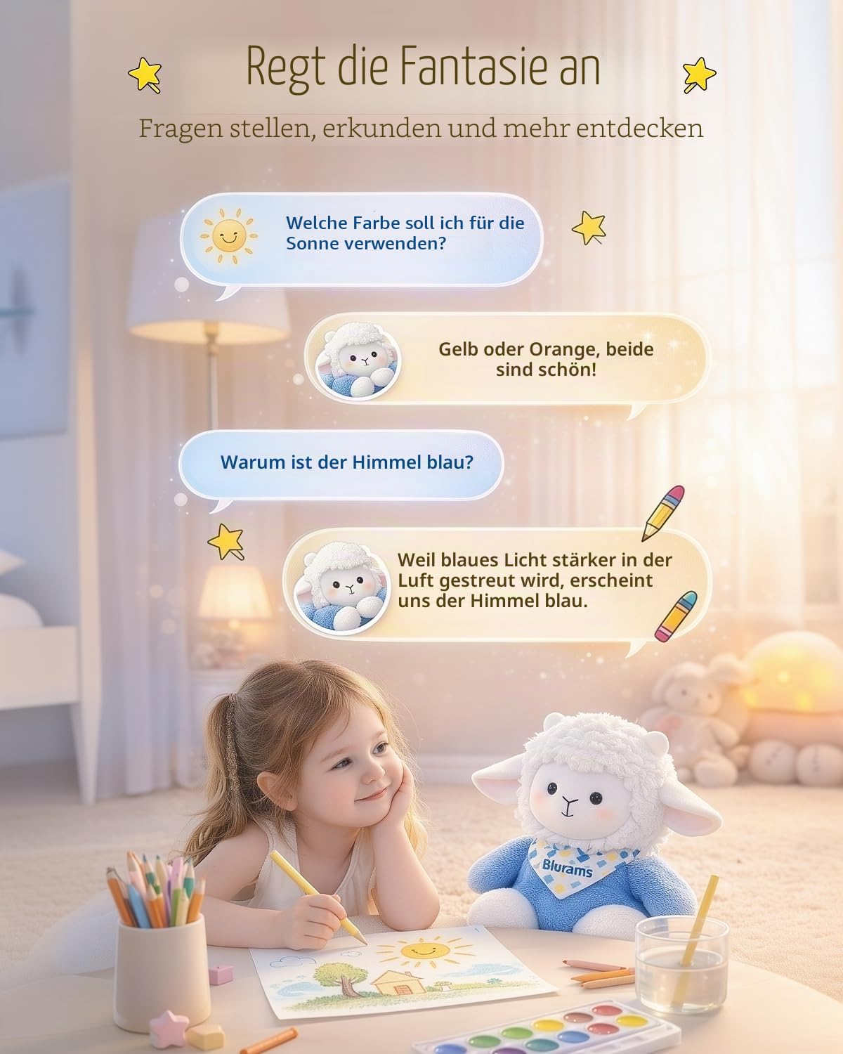 blurams KI-Spielzeug für Kinder von 3–8 Jahren, Interaktives Kuscheltier mit Sprachfunktion, App-Steuerung, Gedächtnisfunktion & Tagesbericht, Lern- und Emotionsbegleiter, Kreative Idee für Mädchen