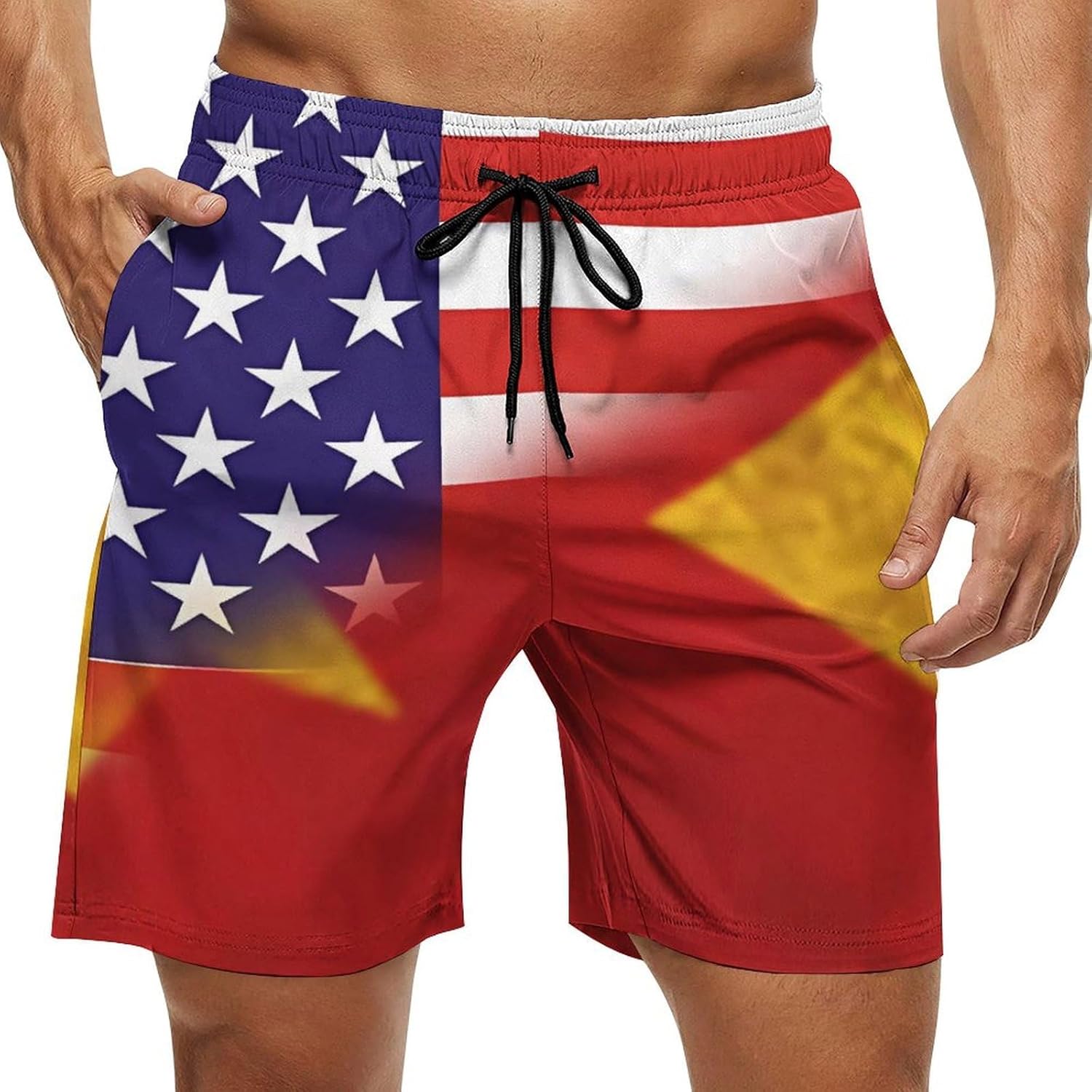 US Tigray Combined Flag Casual Men's Swim Trunks Novelty Summer Beach Shorts Swimwear with Pocket