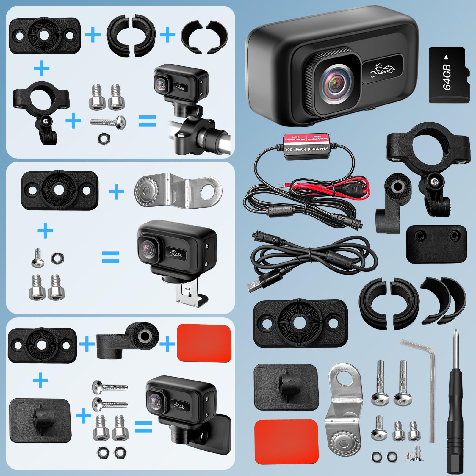 Motorrad Dashcam 2K WLAN 120° Weitwinkel IP65, mit G-Sensor | 64GB inkl., Kondensator (kein Akku), Unfallerkennung, Lenker-/Spiegelhalterung