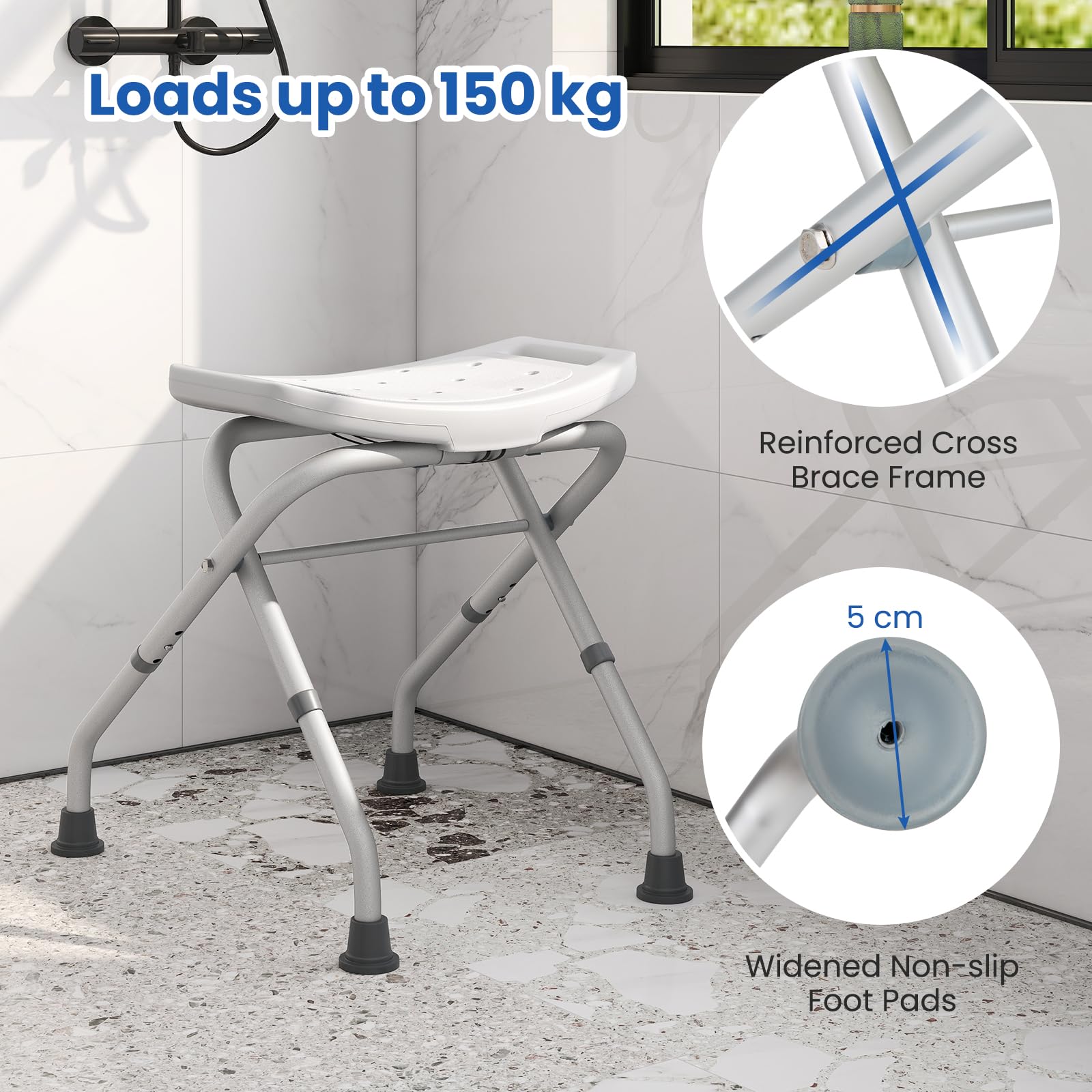HOMASIS Taburete de Ducha Antideslizante Plegable en Altura de 3 Niveles, Taburete de Baño de Pie con Asiento en Forma de U, para Mayores, Discapacitados, Capacidad de 150 KG (Blanco y Gris)
