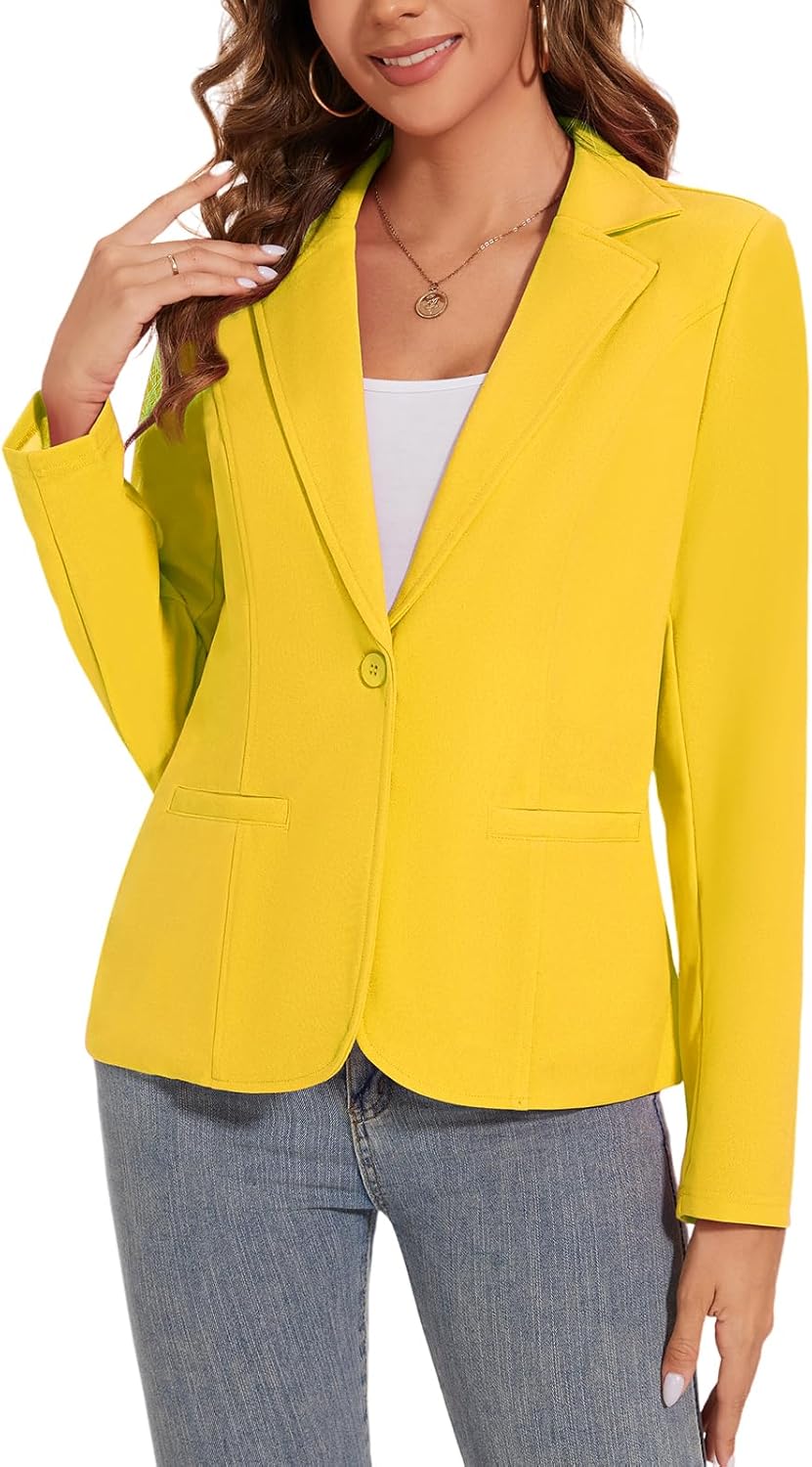 Womens Casual Blazer Jacket Long Sleeve Open Front Work Office Blazers Lapel Button Jackets with Pockets *Yellow,Size L*