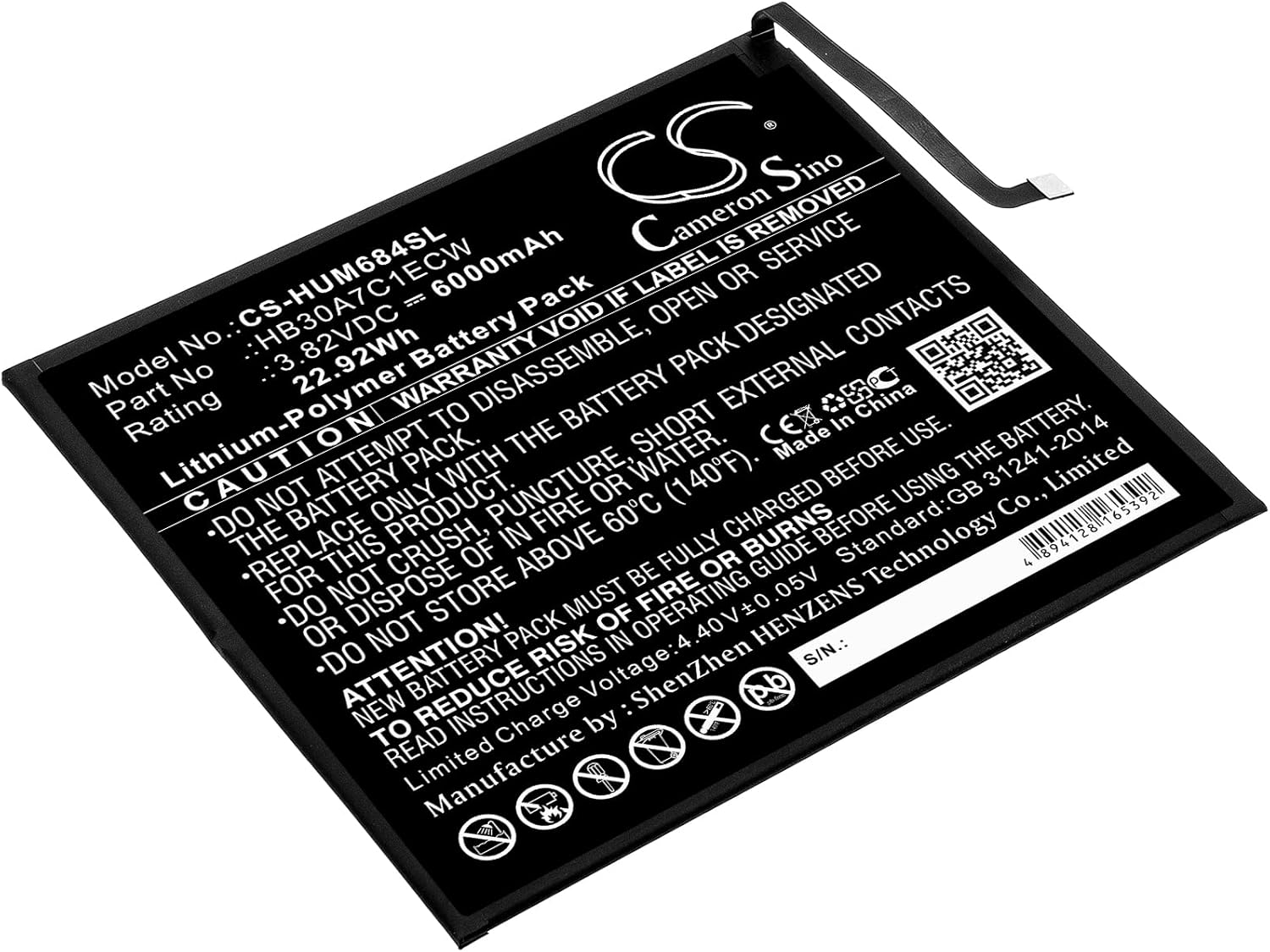 Battery for MediaPad M6 8.4, VRD-AL09, VRD-W09 PN: HB30A7C1ECW 6000mAh / 22.92Wh