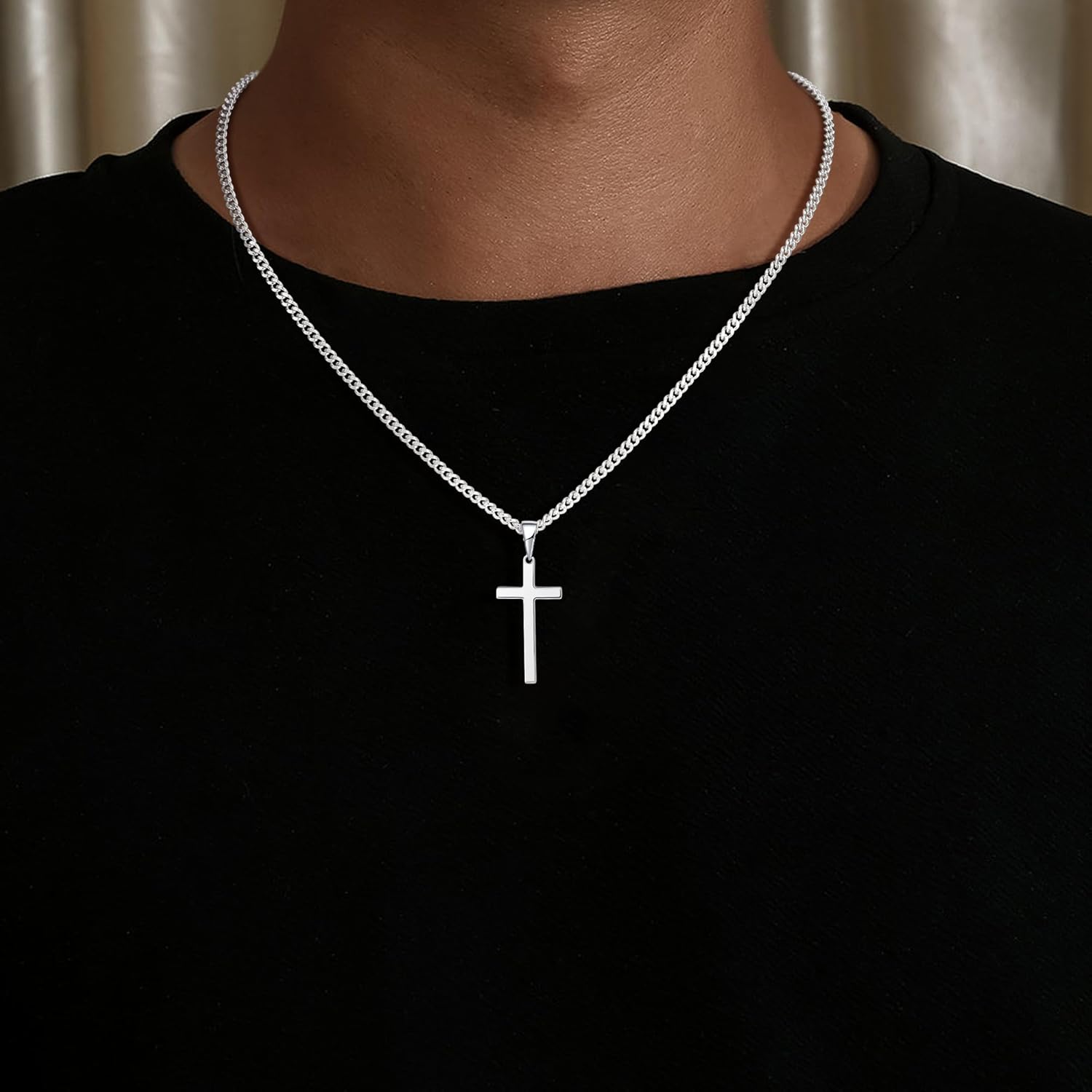 925 Sterling Silver Cross Necklace for Men, 3.5MM Diamond Cut Cuban Link Chain Silver Cross Necklace Christian Gifts for Boyfriend Father Husband - Image 2