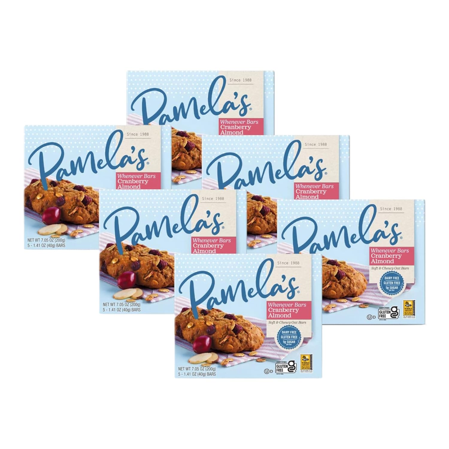 Pamela’s Whenever Bars, Cranberry Almond, Gluten-Free Oats, 7.05 oz. (Pack of 6)