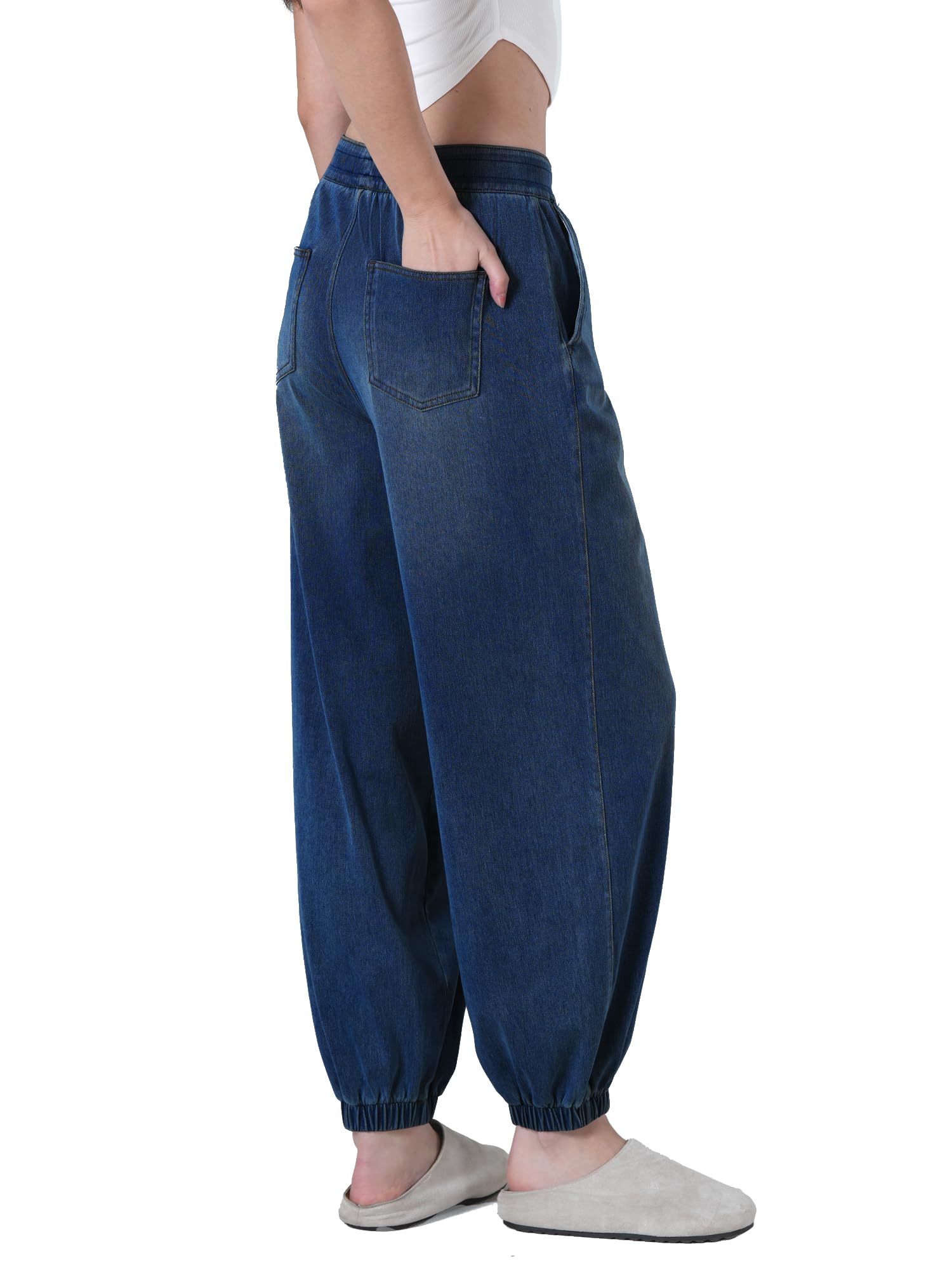 LaiEr Pantalones Mujer Modello harén Vaqueros con Vuelta en los Bajos,cordón Ajustable y elástico, Corte cónico Yoga Pantalones,Jogger Vaqueros Estilo Informal y Holgado,Tejido Denim elástico y Suave