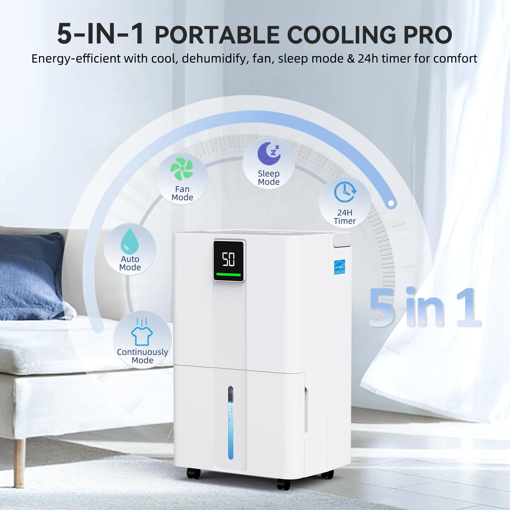 5000 Sq.Ft Most Efficient Energy Star 2025 Wi-Fi Dehumidifier, Max 80 Pints Smart Compressor Dehumidifier for Basement with Drain Hose, Intelligent Humidistat, Five Modes for Bedroom, Home, Bathroom