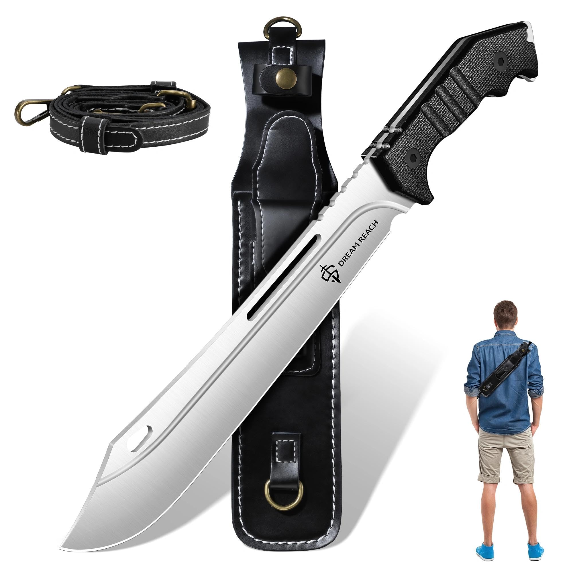 Dream Reach Machete mit Rückentrag Scheide - Großes Outdoor Messer Full Tang Survival Messer feststehend, Jagdmesser für Camping, Wandern, Geschenke für Männer Papa