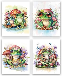 QPOKLAF Funny Frog Wall Art Canvas Prints Living Room Wall Decor,Vintage Animal Art Posters Bedroom Aesthetic Decoration Set of 4 (8x10inch,Unframe)