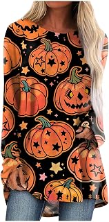 JERFER Tunic Tops for Women UK,Womens Halloween Spider Web T-Shirts Long Sleeve Round Neck Tunic Tops for Leggings Casual Going Out Blouse