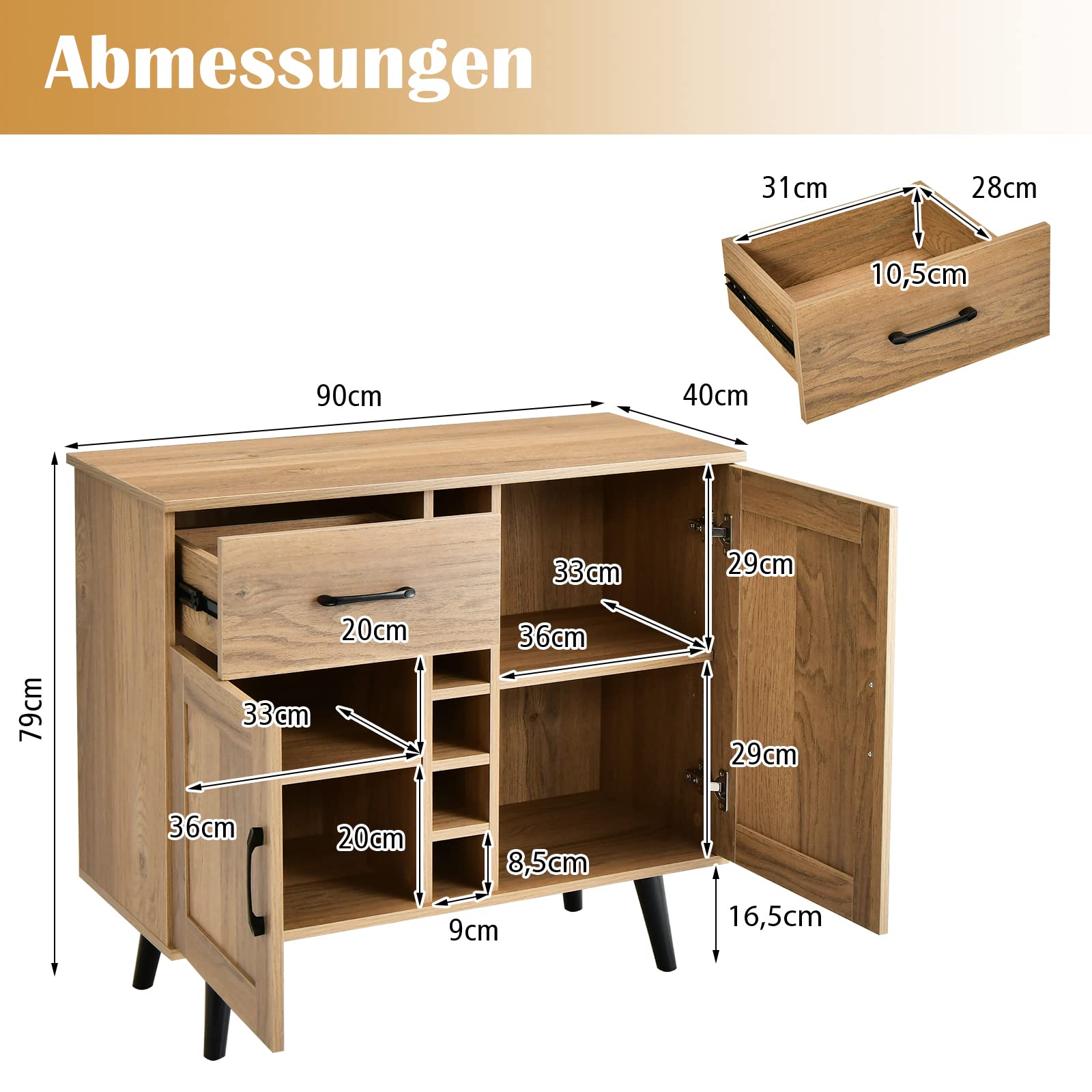 COSTWAY Kredens, szafka kuchenna z drzwiami i szufladami, komoda kuchenna w stylu wiejskim z regałem na wino na 6 butelek, szafka bufetowa, szafka na wino do kuchni, salonu, 90 x 40 x 79 cm