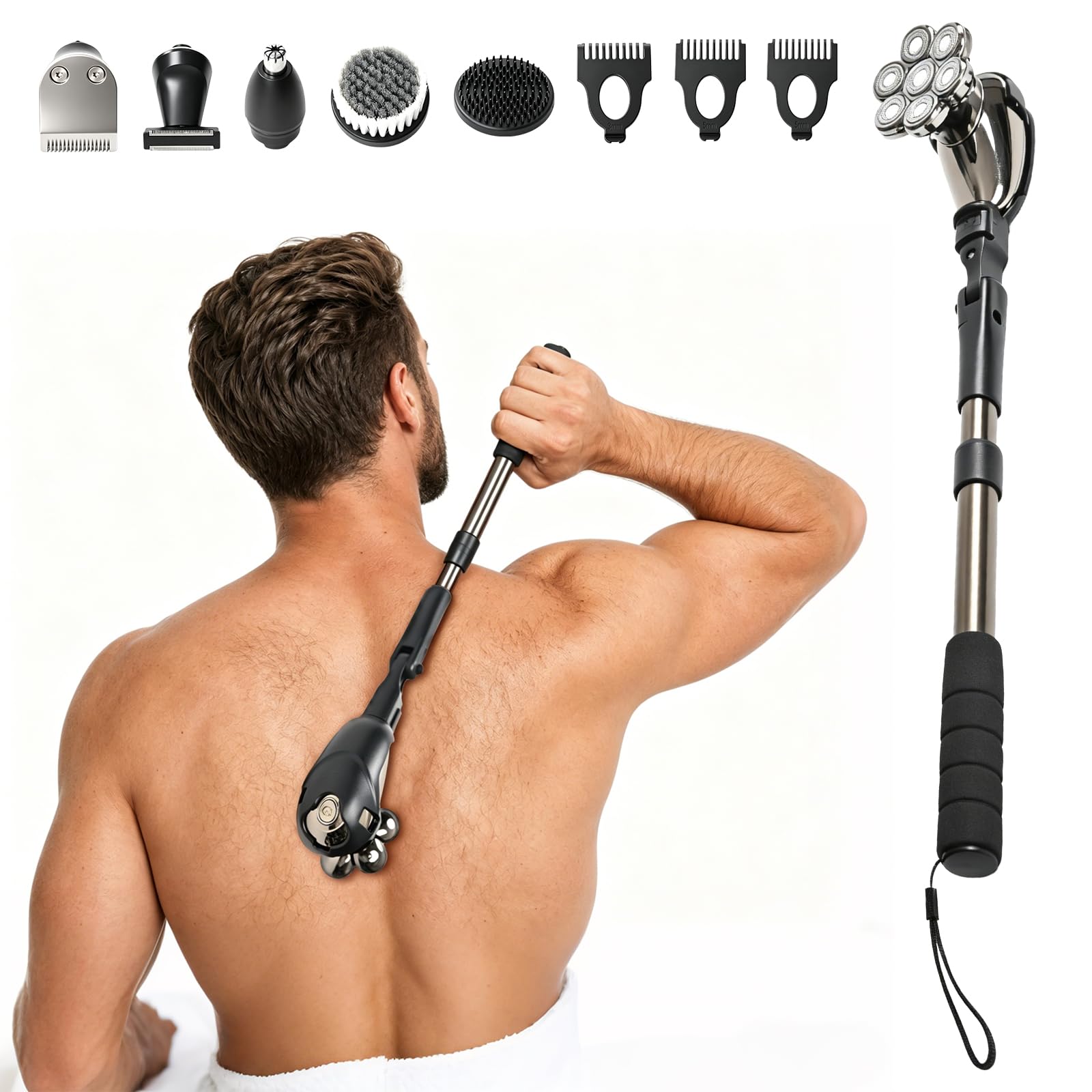 Back Shaver for Men, Electric Back Razor with Long Extension Handle, 7D No-Scratch, 7-in-1 Multi-Functional Back Trimmer