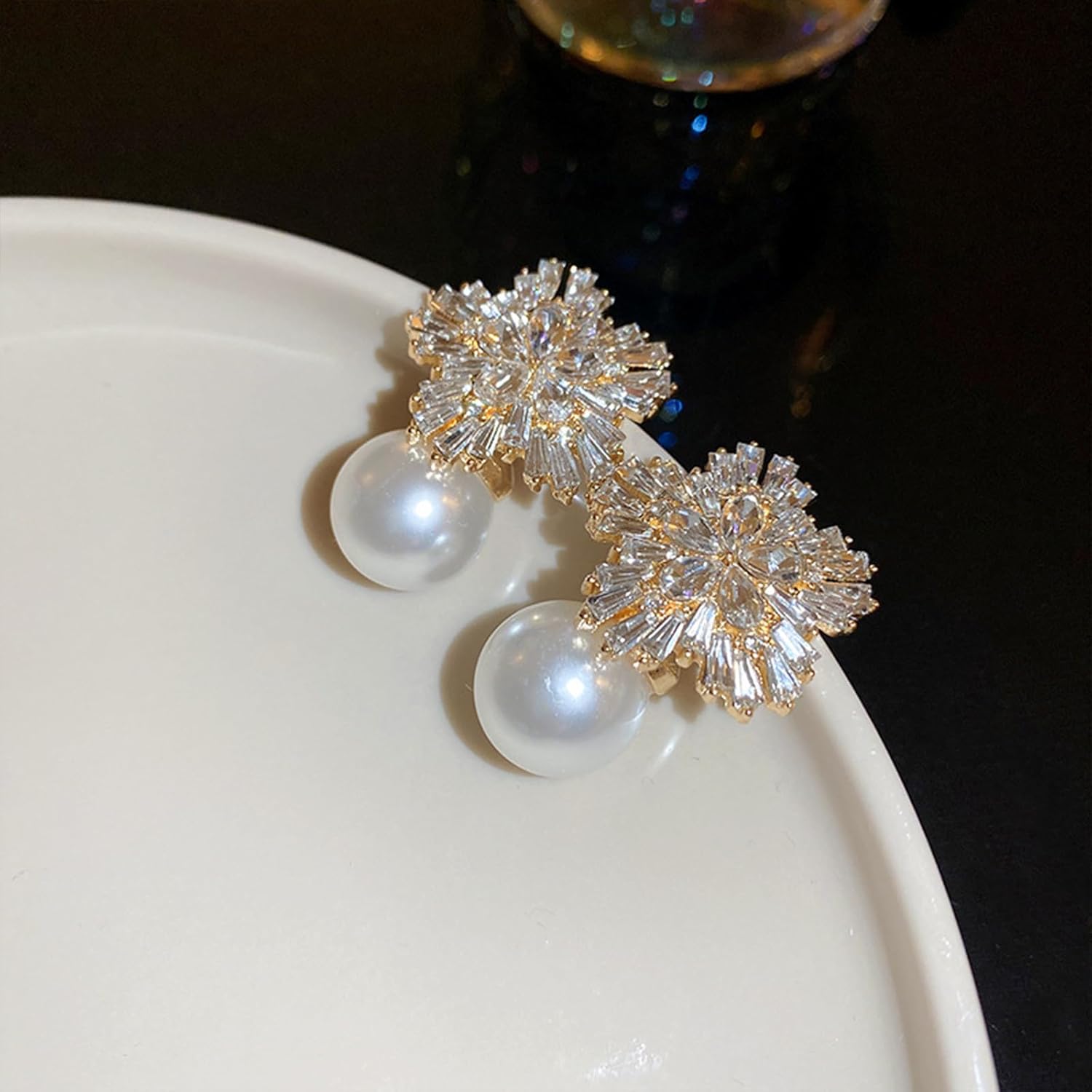 Sparkly Rhinestone Floral Pearl Dangle Earrings for Women,Vintage Cubic Zircon Silver Flower Statement Earings,Gorgeous Jewelry Valentine's Day Gifts - Image 5