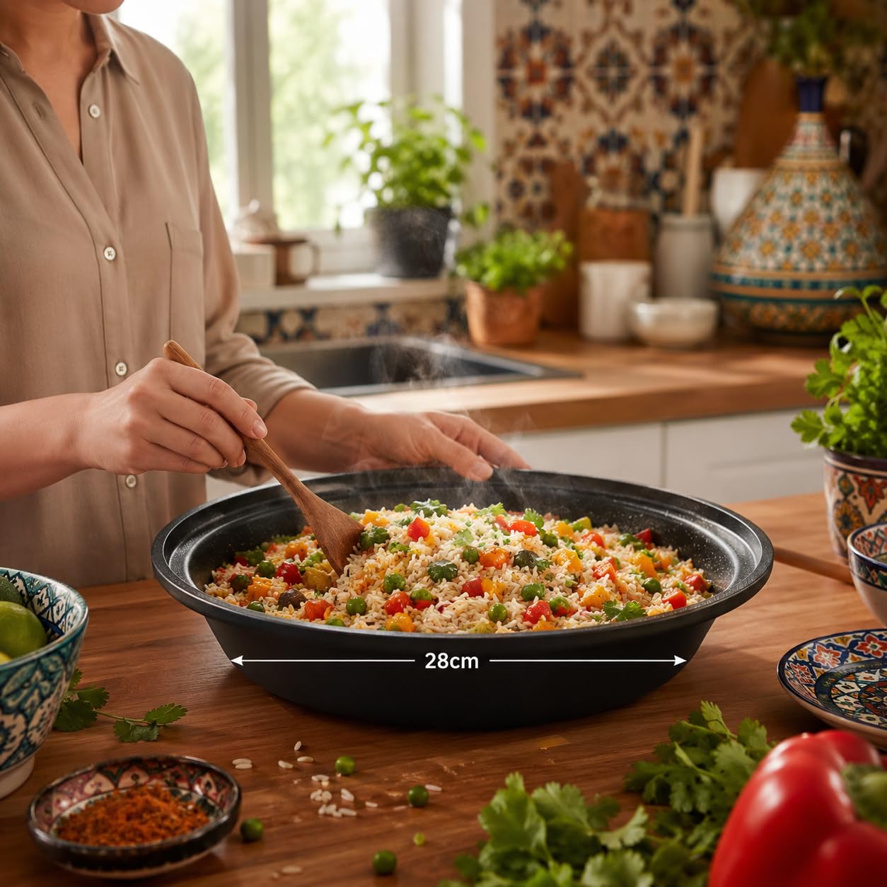 Swiss Line Tajine Topf 30 cm Gusseisen mit Keramikdeckel – Marokkanischer Schmortopf für 2–5 Personen, Induktion, Backofen & Grill