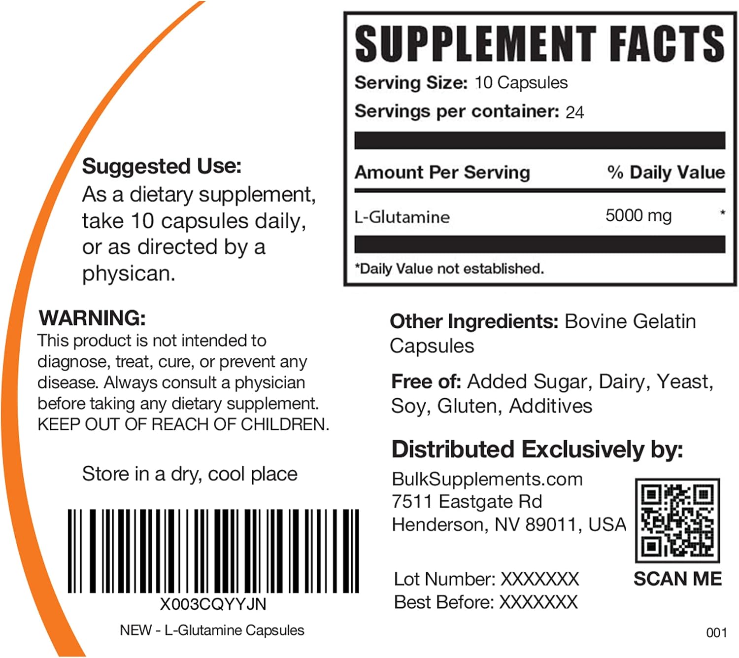 BULKSUPPLEMENTS.COM L-Glutamine Capsules - L-Glutamine Nutritional Supplement - L Glutamine Pills - Glutamine Supplement - BCAA Glutamine - 10 Capsules per Serving - 24-Day Supply (240 Capsules)