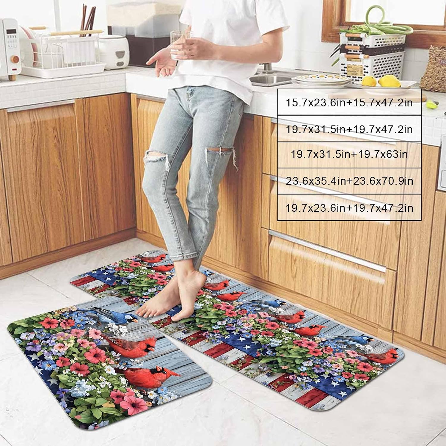 Prime Leader Floral Cardinal Bird Kitchen Mat Set 2 Pieces American Flag Patriotic 4th of July Non Slip Kitchen Rugs Washable Runner Rug Mats for Sink Laundry (23.6" x 35.4"+23.6" x 70.9")