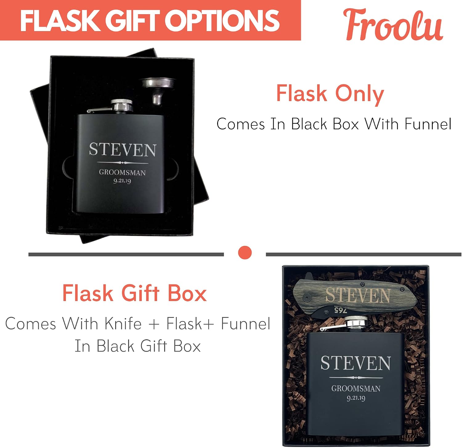 Groomsman Gifts for Wedding Favor & Proposal Box - 9 Premium Custom Design Option - Personalized Flask (Set of 6) - Great Ideas for Groomsmen, Best Man - Engraved by Froolu