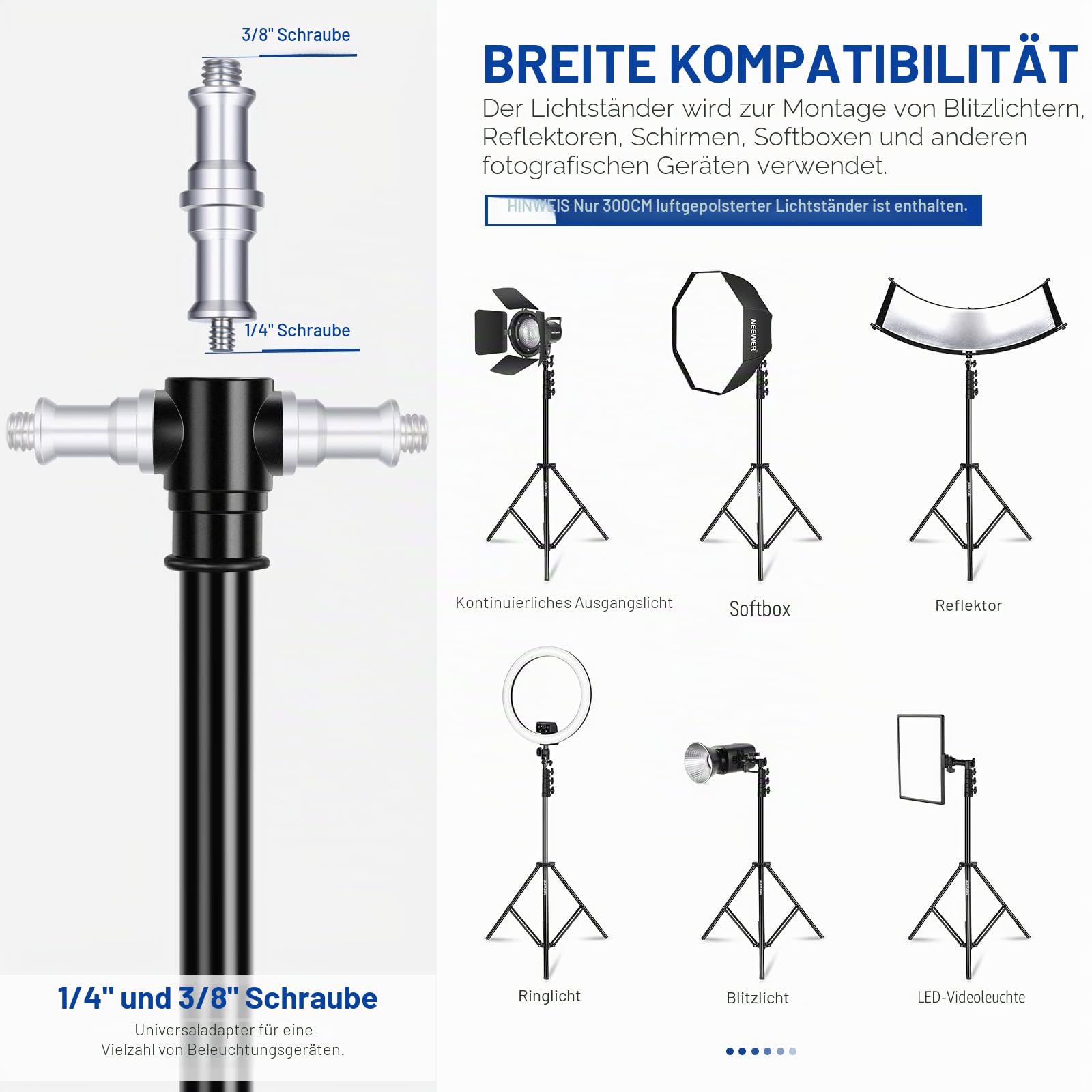 NEEWER 3m Lichtstativ, Luftgepolstertes Heavy Duty Metallstativ für Ringlicht Fotografie Lampen mit 1/4" zu 3/8" Schraubadapter und 3 Wege Schnittstellen, Tragfähigkeit: 2,5kg, ST-300AC