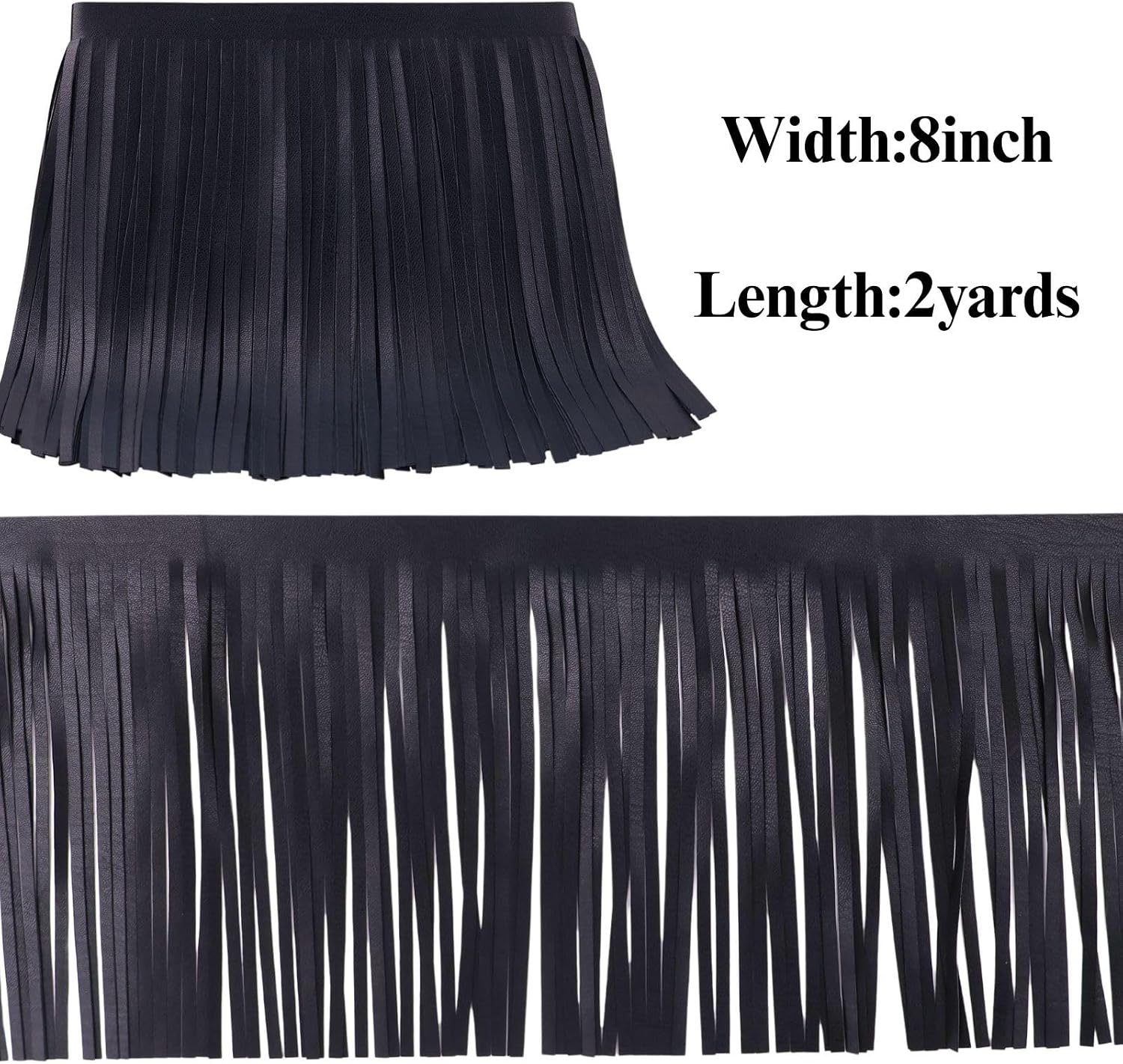 PU Leather Fringe Trim, Western Suede 8 Inch Tassel Fringe for Sewing & Crafts, Boho Cowgirl Biker-Style Trim for Jackets, Bags, Costumes, and DIY Decor (2yards Black)