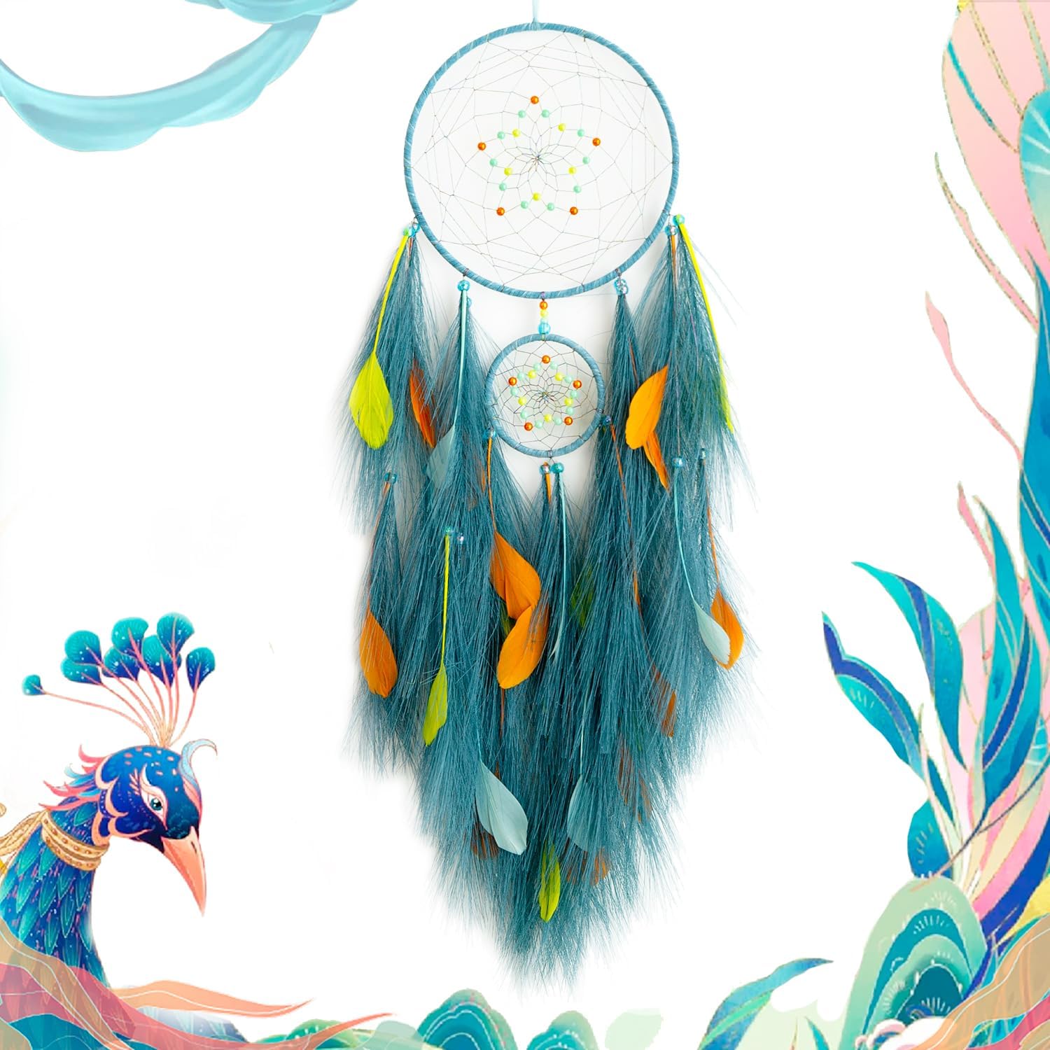 Blue Dreamcatcher American Dream Catcher, Glazed Blue Feathered Pampas Grass, Pure Handmade Weaving, Bohemian Hippie Decoration, Wall, Room Decoration, Girl's, Teenager's, Women's Gift