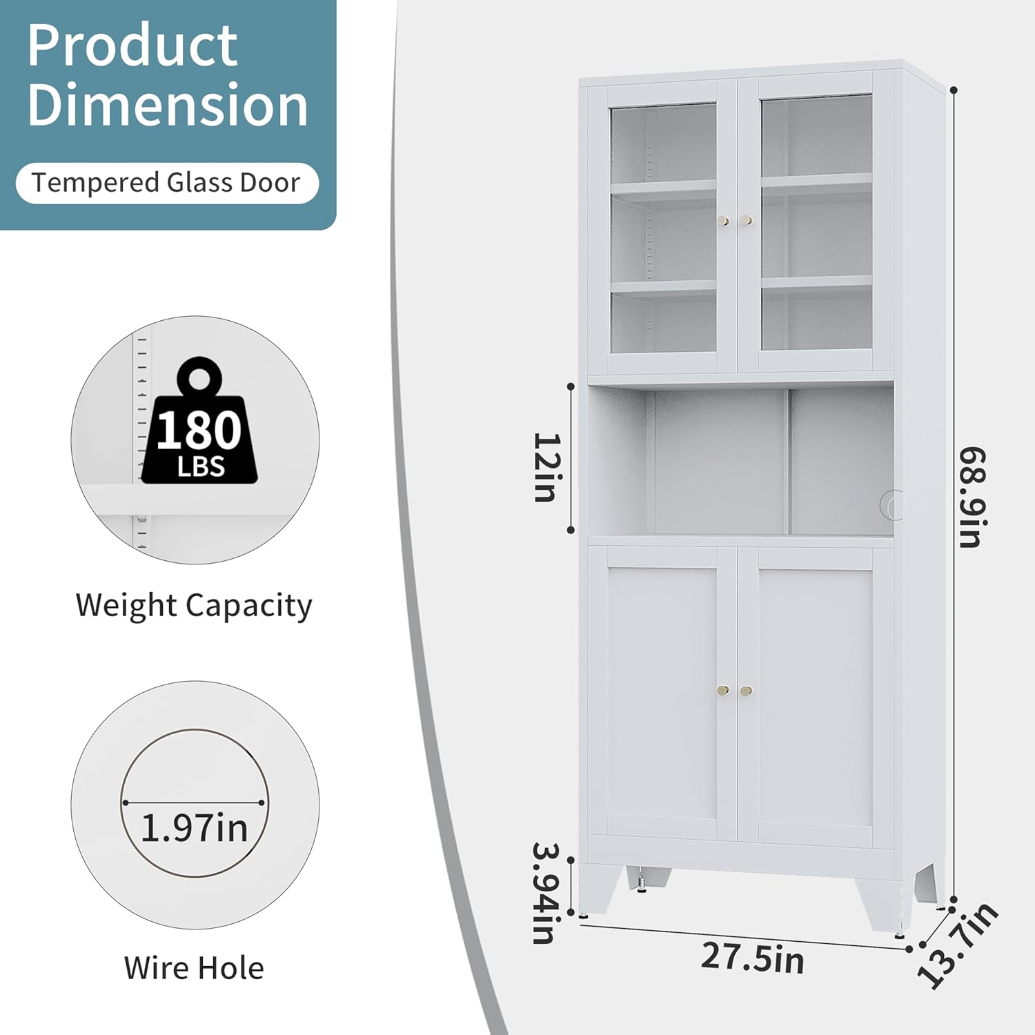 69" Tall Metal Pantry Cabinet with Microwave Stand,Microwave Storage Cabinet with 4 Doors & 3 Adjustable Shelves for Kitchen (4 Glass Doors-White, 13.78" D x 27.54" W x 68.9" H)