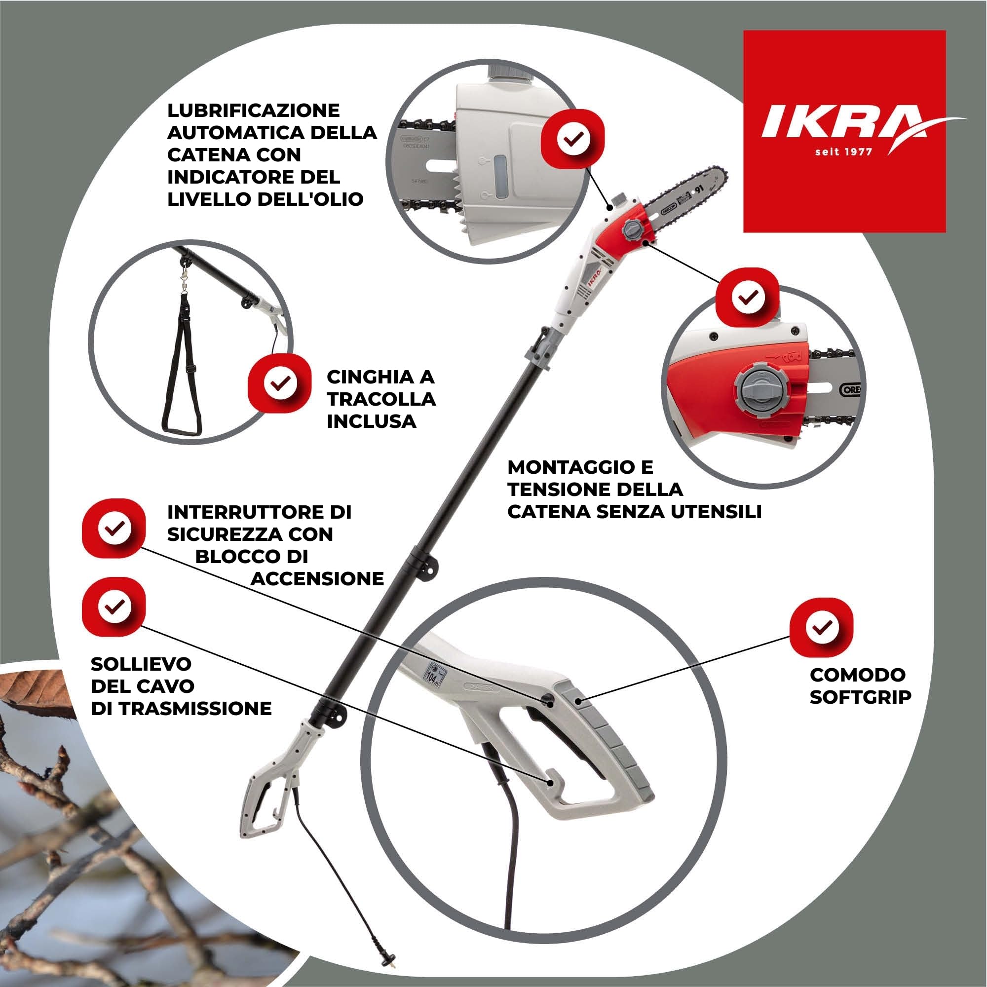 IKRA potatore telescopico elettrico IEAS 750, lunghezza di taglio 185 mm, con 2 catene e tracolla incluse