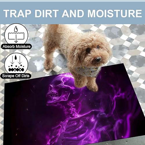 Miniatura 3 de Tapete de puerta de interior con diseño de calavera llameante, elegante tapete de tela no tejida de 17 x 29.5 pulgadas con fuego morado brillante,