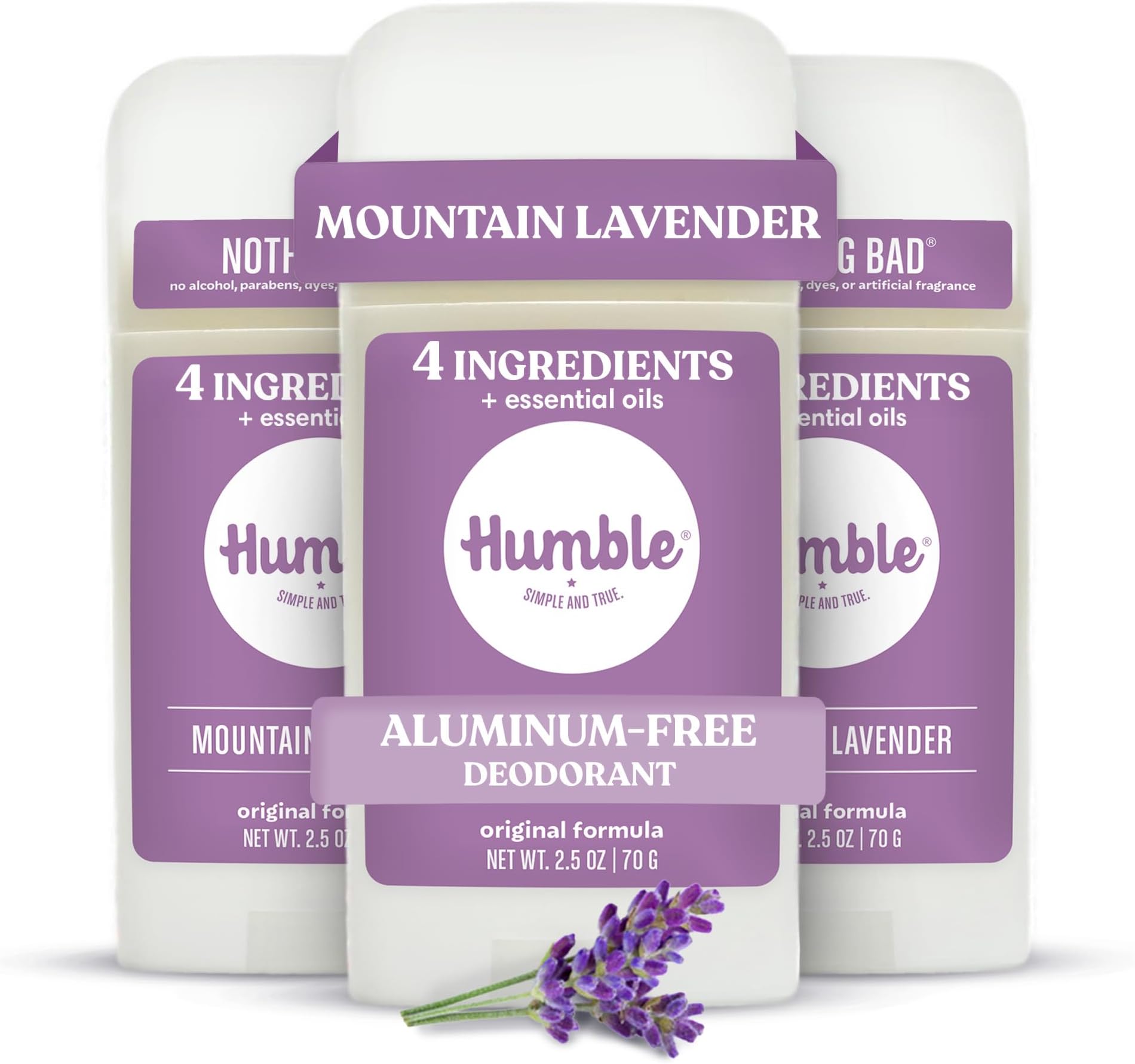 Humble Aluminum-Free Deodorant for Women & Men, Mountain Lavender - Clean & Fresh Natural Deodorant Stick with Essential Oils for Long-Lasting Odor Control - 3 Pack
