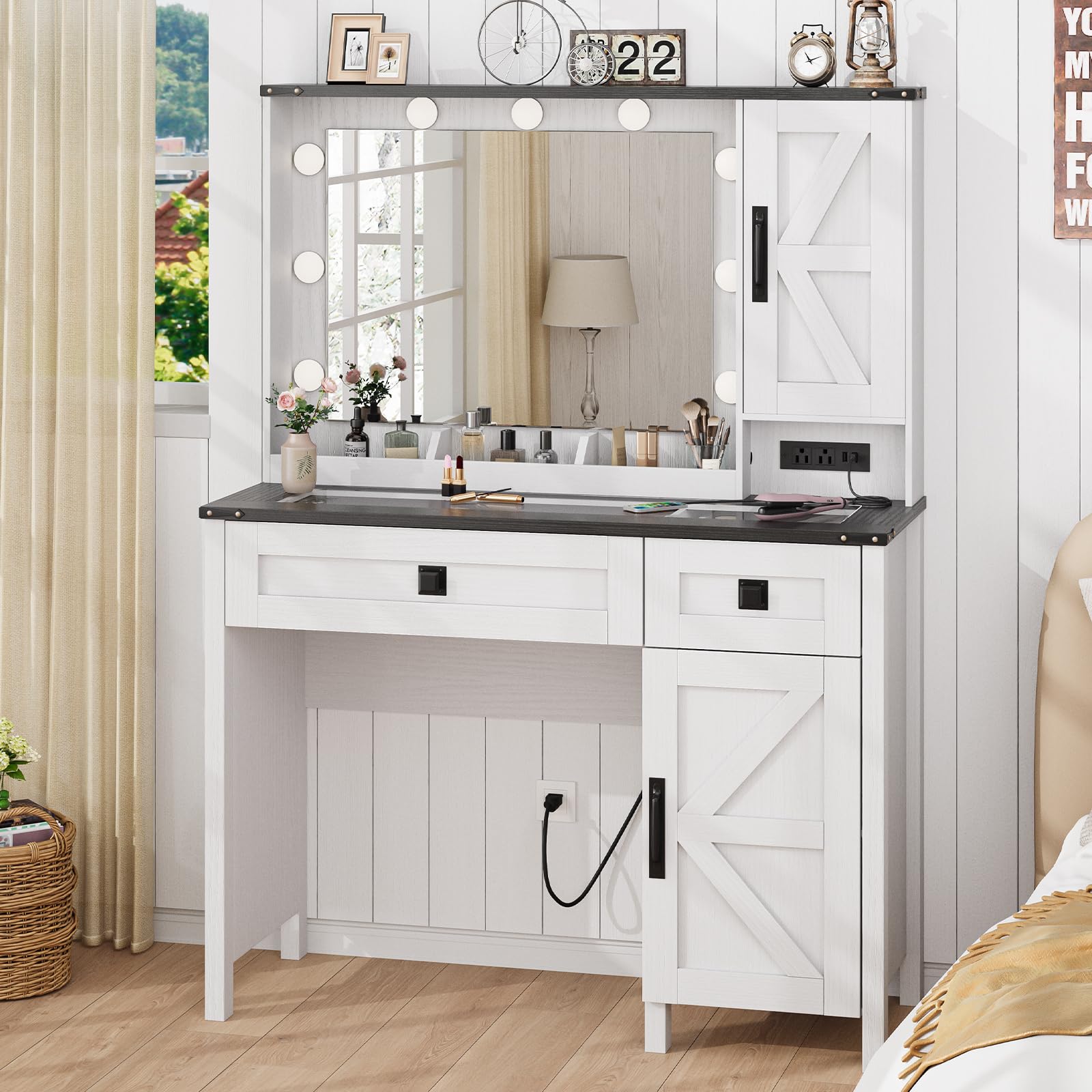 ONME Farmhouse Vanity Desk with HD Mirror and Light, Makeup Vanity with Drawers & Adjustable Cabinets, Glass Top Vanity with Charging Station, Rustic Modern Vanity Table with Shelves Bedroom White