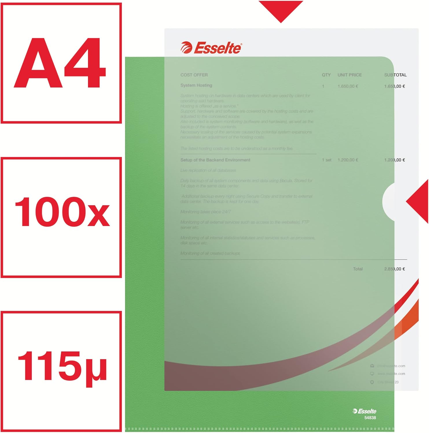 Esselte Premium Folder A4, Clear Green Matt Finish, 115 Micron Polypropylene, Box of 100, 54838