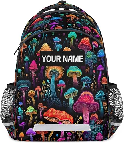 Custom Name Backpack for Boys Girls Teens Rainbow Mushroom Personalized 16 Inch Kids Backpack Funny Planet Middle Schoolbag Primary Elementary