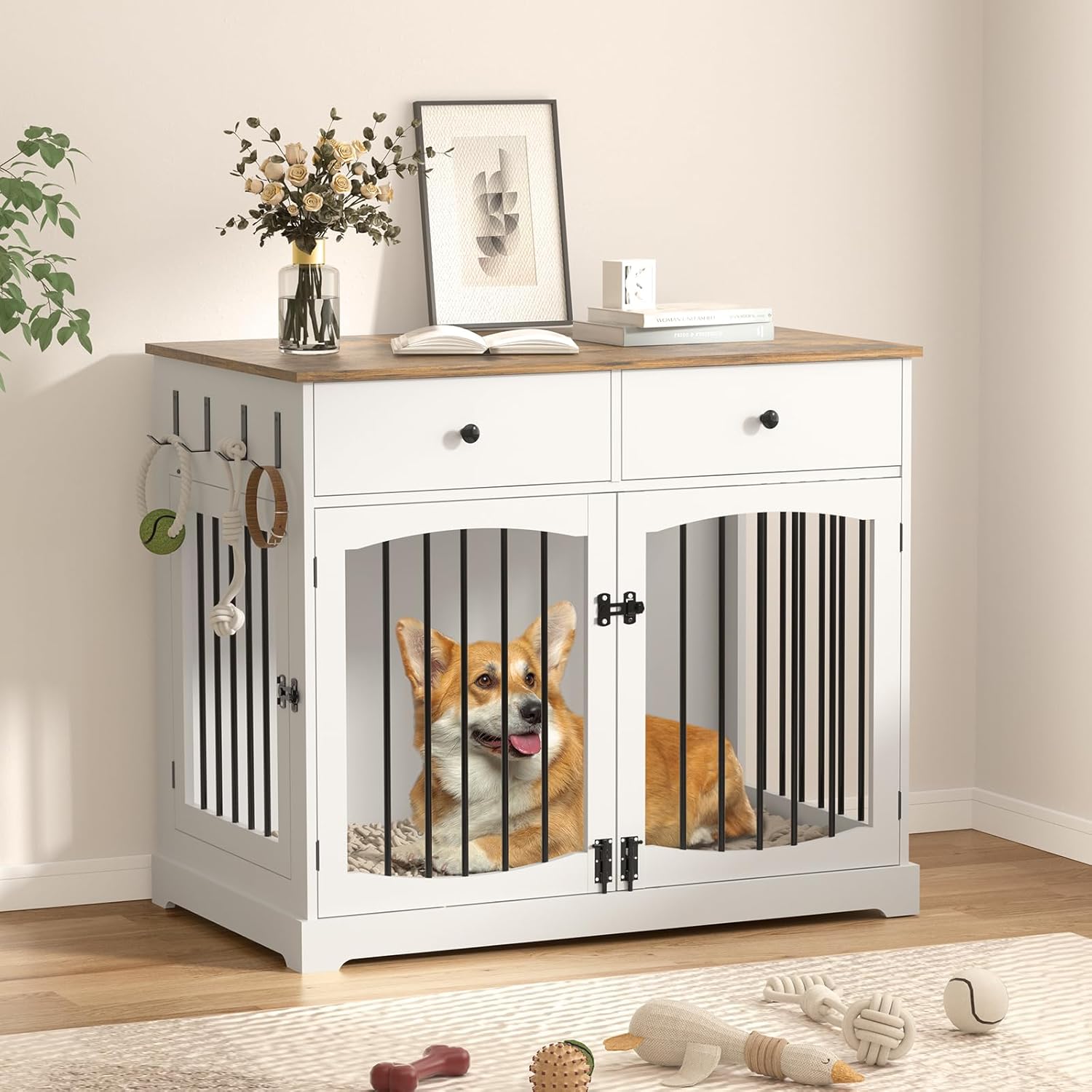 40" Dog Crate Furniture, Wooden Dog Kennel Furniture with Storage Drawers, End Table Dog House Indoor, Decorative Dog Crates for Small Medium Large Dog, White