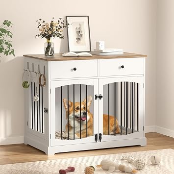 40" Dog Crate Furniture, Wooden Dog Kennel Furniture with Storage Drawers, End Table Dog House Indoor, Decorative Dog Crates for Small Medium Large Dog, White